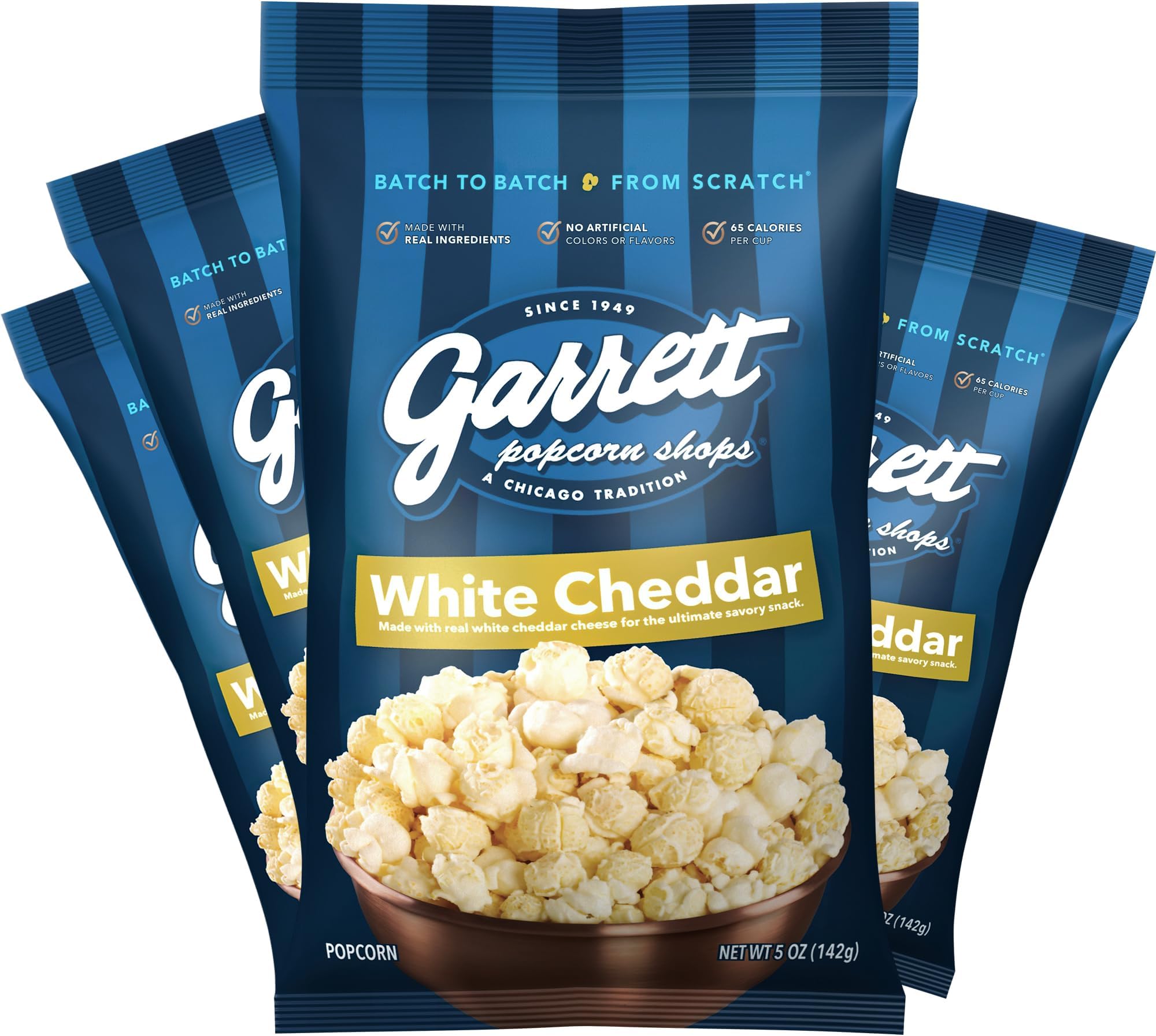 Garrett Popcorn White Cheddar, 5.0oz, 4 Bags, White Cheddar Gourmet Popcorn, Gluten Free, Savory Snack, Popped Popcorn Bags