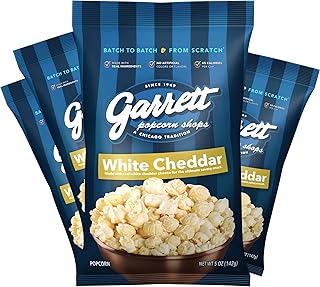 Garrett Popcorn White Cheddar, 5.0 Oz, 4 Bags, Gourmet White Cheddar Popcorn, Gluten Free, Tasty Snack, Popcorn Bags