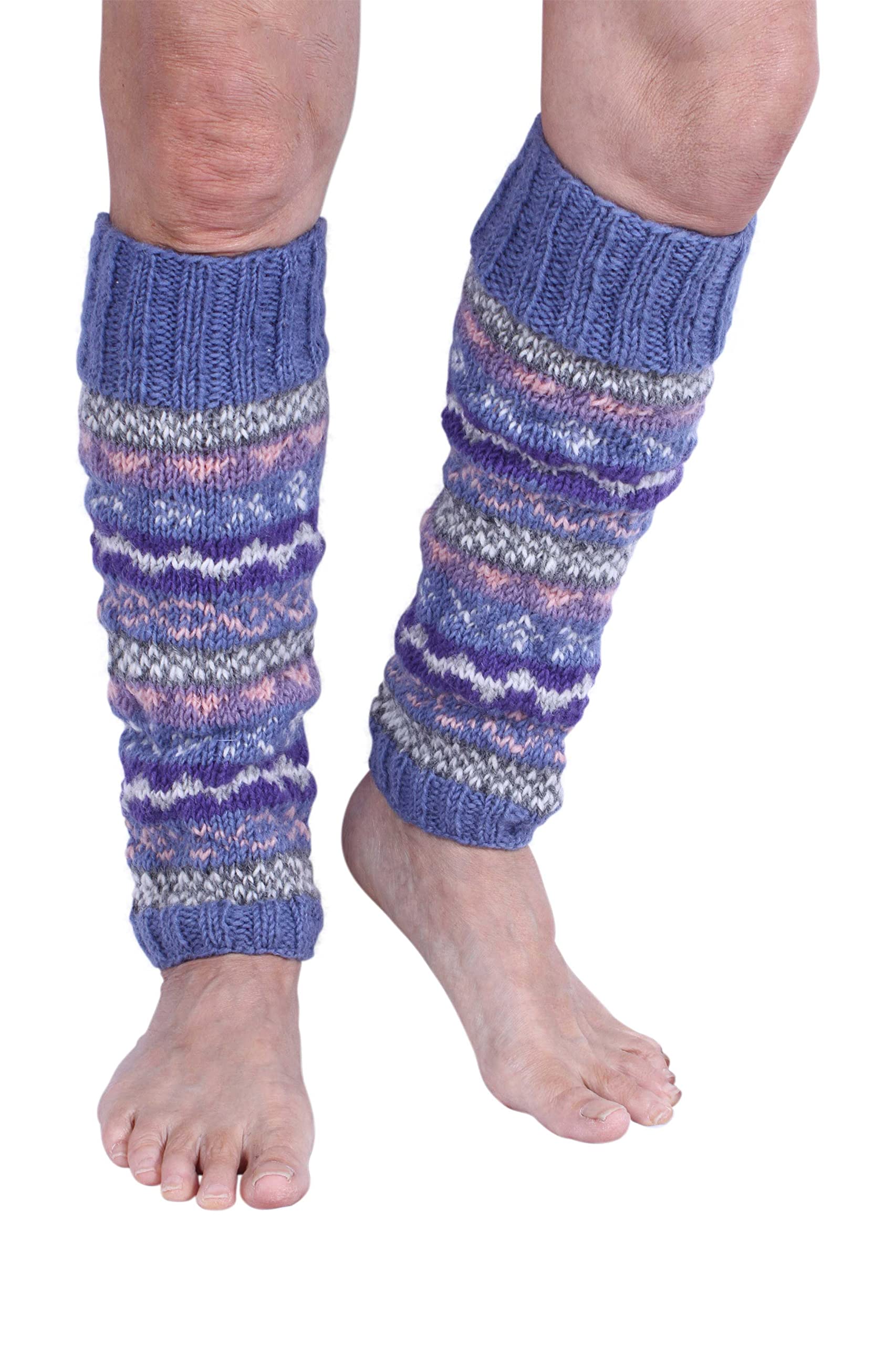 Pachamama Women's Violet, Purple, Pink, White, Lilac, Grey 100% Wool Legwarmer Handknitted Fair Isle Pattern Violet Multicoloured Regular Fit Handmade Extra Warm