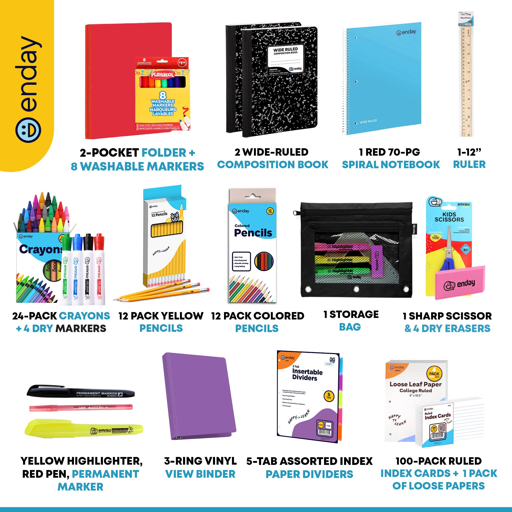 Enday Kit de fournitures scolaires de 4e et 5e année – Kit de rentrée scolaire de 79 pièces, fournitures scolaires de qualité supérieure pour filles et garçons, fournitures scolaires et quatrième