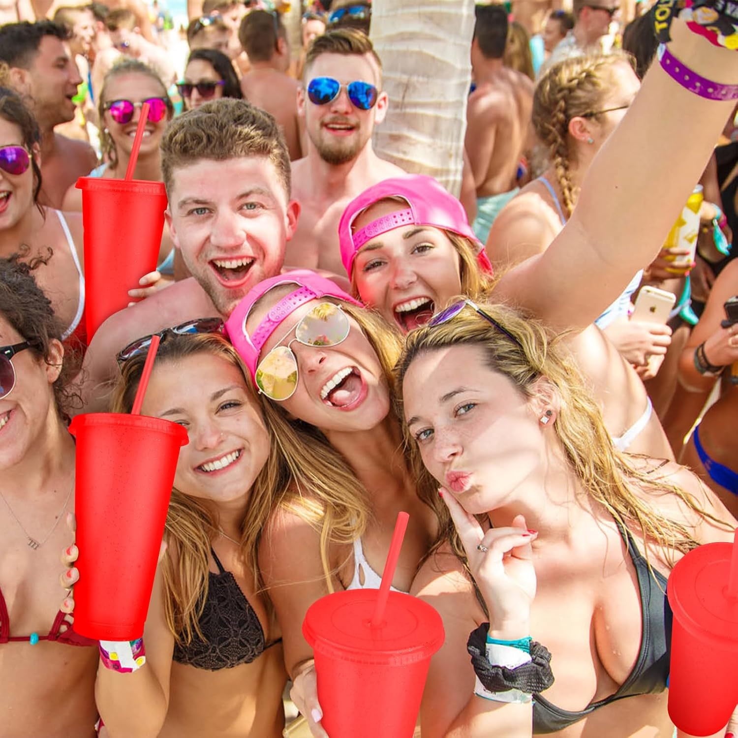 Hxezoc 16 Pieces Reusable Cups with Lids and Straws, 24 oz Glitter Plastic Tumbler Iced Coffee Cups Travel Mug Cup for Birthday Party, Smoothie Juices Beach Party, Bachelor Party (Red) - Image 4