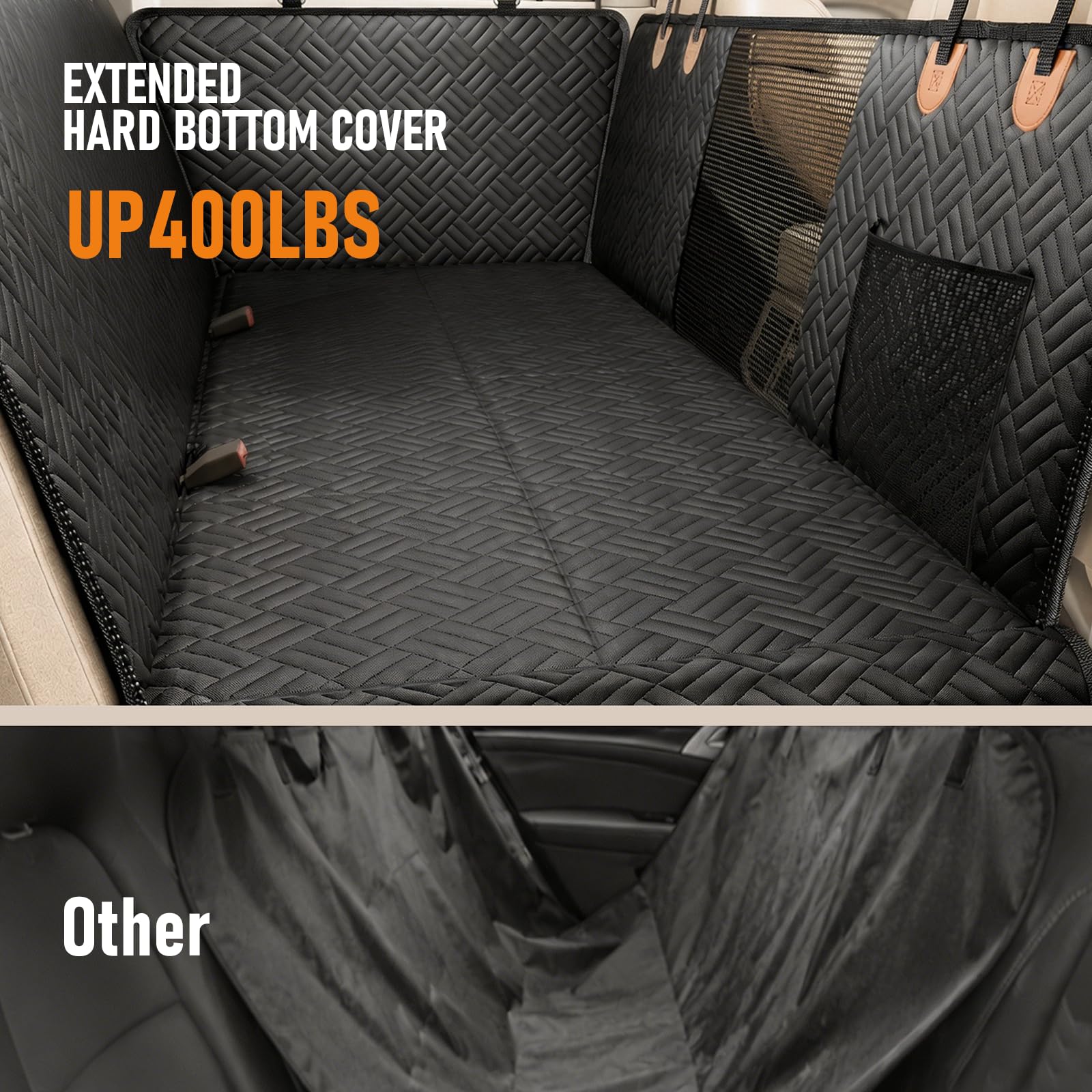 Coperta per cani per sedile posteriore auto, 129 x 60 cm, con fondo rigido che mantiene 300 kg, 600D, antigraffio e impermeabile, per cani e sedili posteriori (Black)