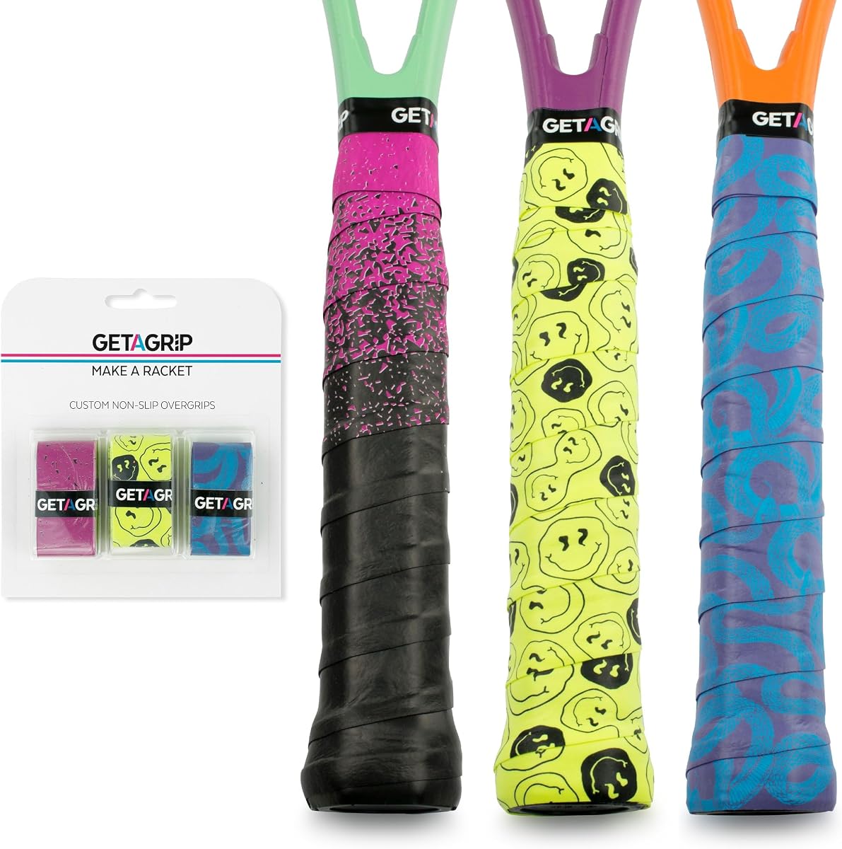 Get A Grip Overgrips de tenis, cinta antideslizante para agarre de raqueta | Overgrips de raqueta antideslizantes y absorbentes del sudor para jugadores de tenis; Sensación de secado rápido con diseños coloridos.