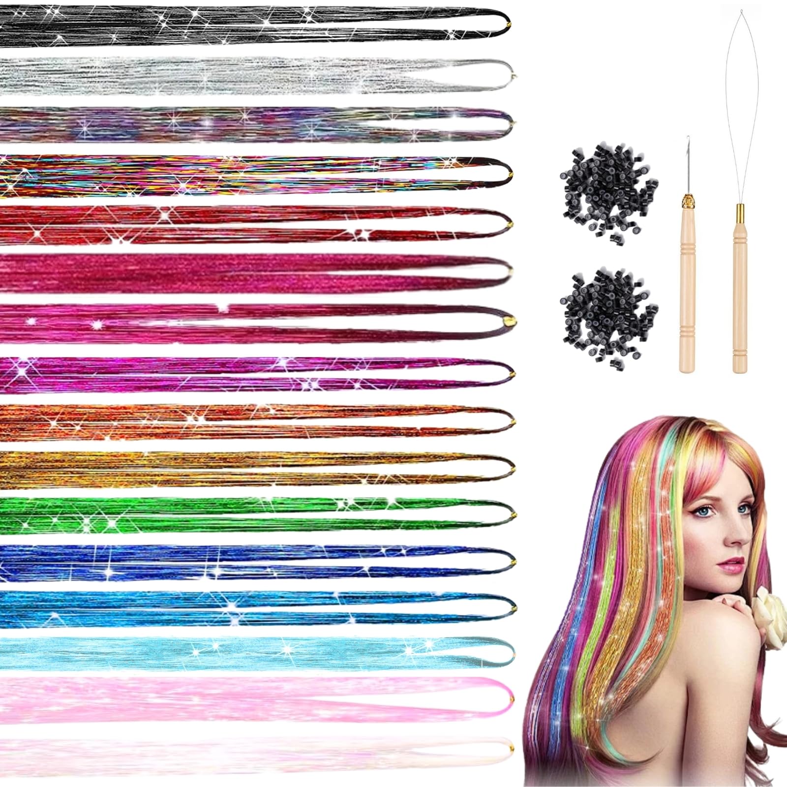 LUFFLOK 16 Farben Haar Lametta Kit, 120 cm Hair Tinsel mit Werkzeugen, 3200 Strähnen Glitzer Haarsträhnen für Frauen, Mädchen & Kinder Haarschmuck, Lametta für Die Haare für Party (16 Farben)