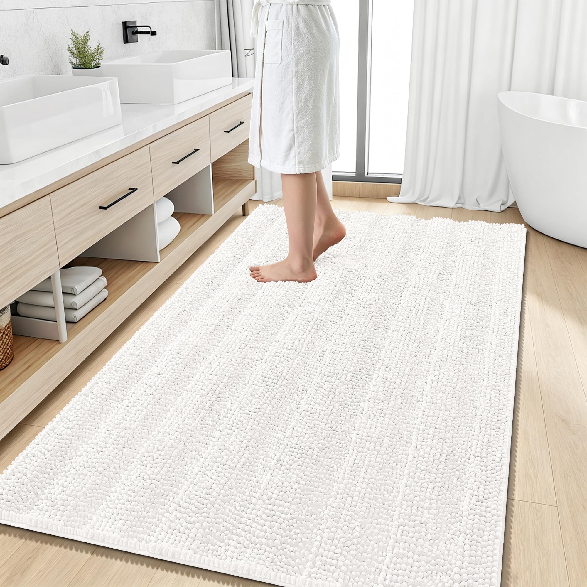 Smiry Thick Chenille Large Bathroom Runner Rugs 59x35, Soft Bath Mat, Ivory