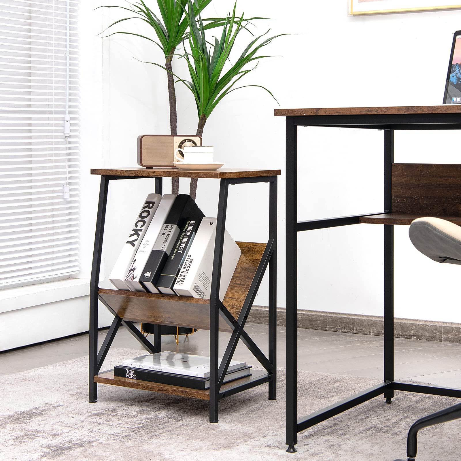 COSTWAY Table d'Appoint Industriel 3 Niveaux avec Porte-revues en Métal