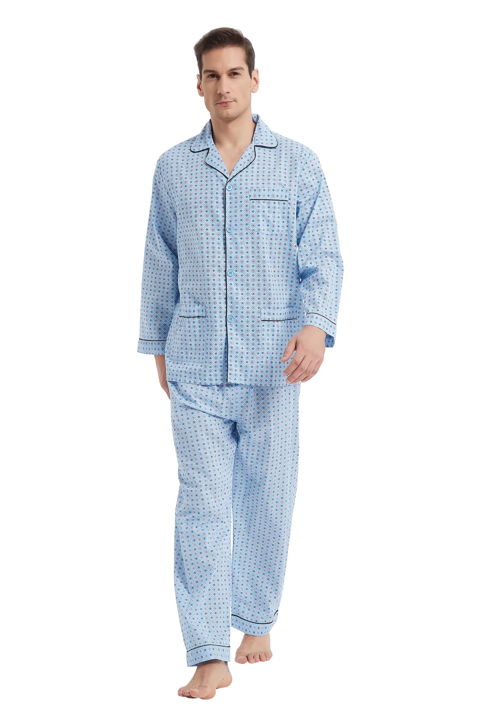 GLOBAL Pijama Hombre 100% Algodón Ropa de Dormir Manga Larga con Botones Cordón Transpirable Conjunto de Pijama Hombre Ropa de Estar por Arriba y Abajo S-3XL