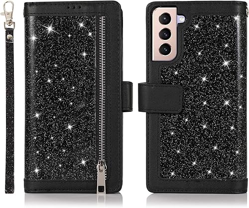 EYZUTAK Funda tipo cartera para Samsung Galaxy S22 5G, bolso magnético con cremallera bolsillo PU cuero Flip con 9 ranuras para tarjetas y correa