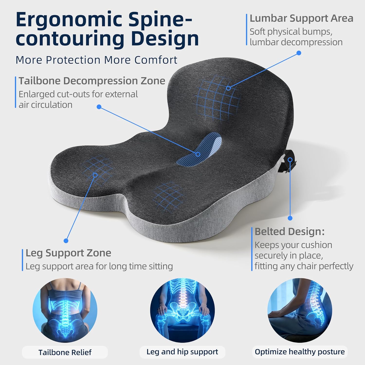 lazyzzz Office Chair Cushion, Memory Foam Seat Cushion with Lumbar Support & Adjustable Strap, Ergonomic Car Seat Cushion Back Pain Relief for Truck Driver, Office Chair, Gaming Chair