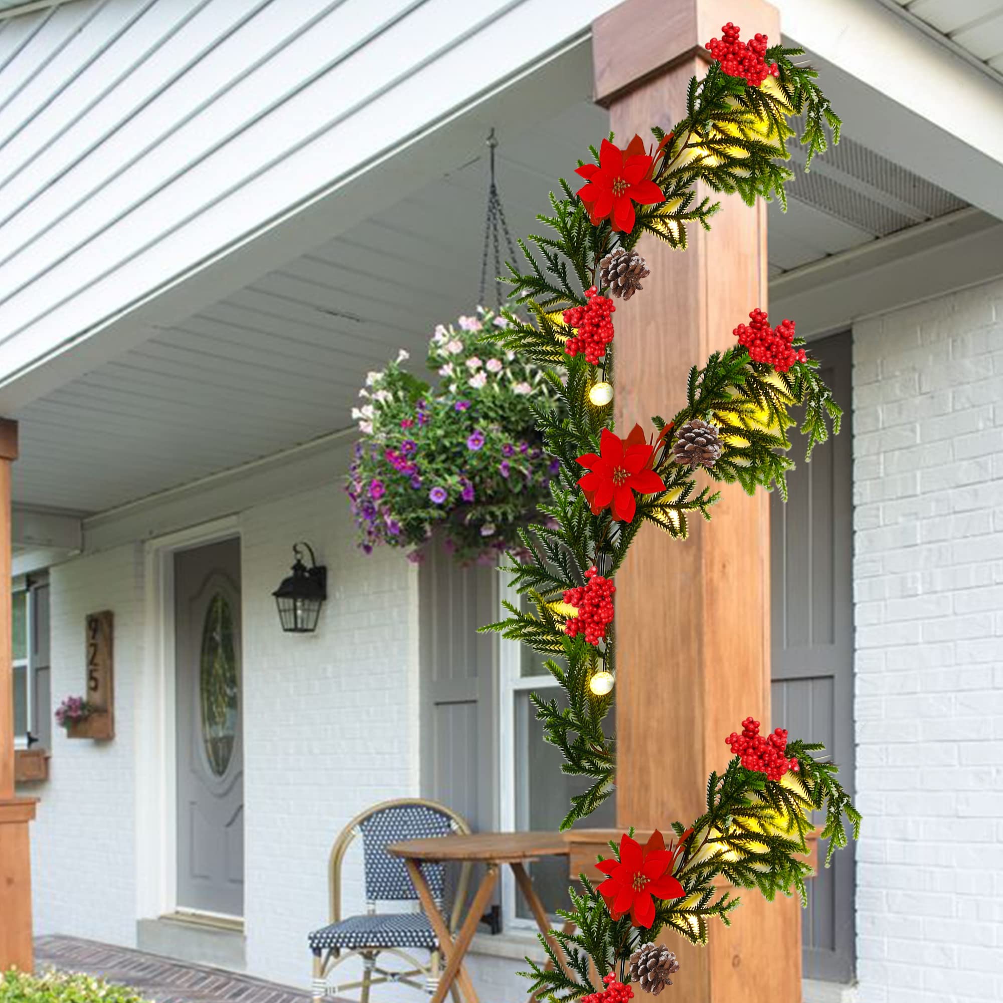Juegoal YO-TTSZ-2 Weihnachtsgirlande, 2,7 m, beleuchtete künstliche Weihnachtsgirlanden, beleuchteter Weihnachtsstern, Fichten-Timer, batteriebetrieben, mit Lichtern, Garten, Zuhause, Winter, Neujahr,
