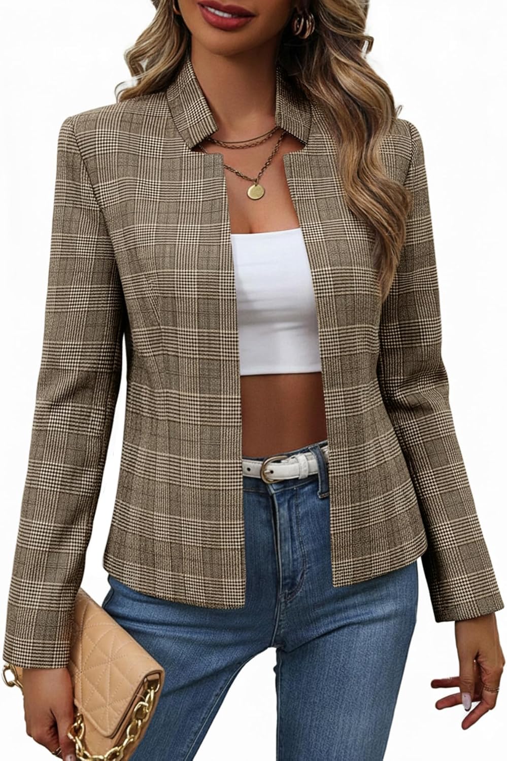 Mina Self Winter Tweed Blazer Jacket – Fully Lined Open Front