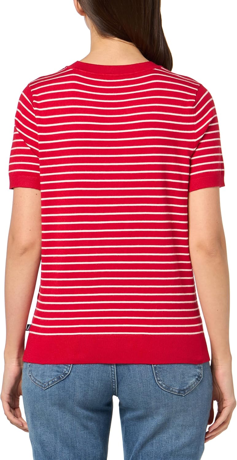 Nautica Women's V Neck Stripe Short Sleeve Sweater - Image 2