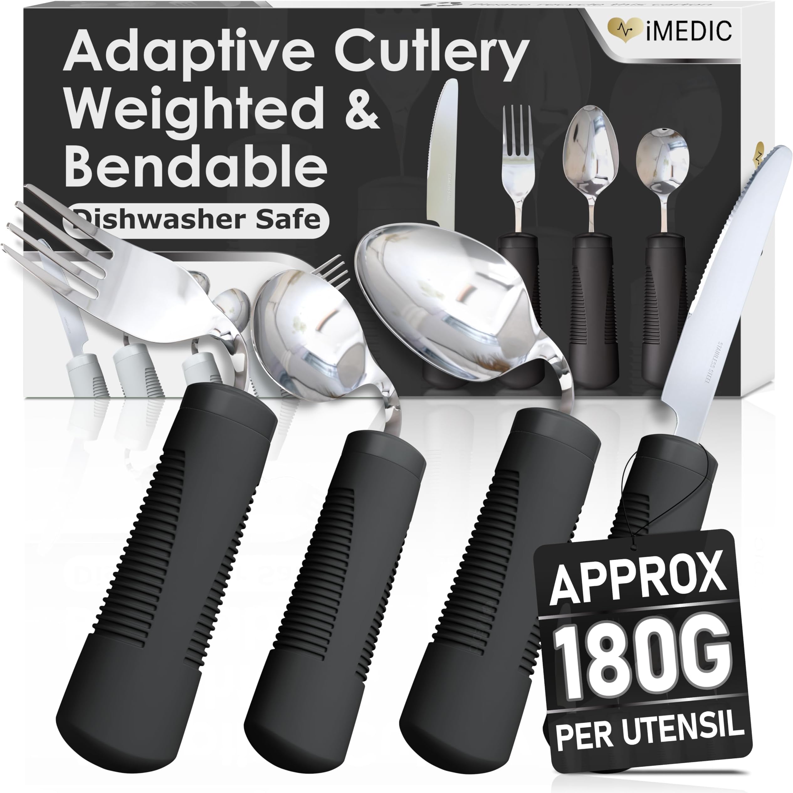 iMedic Weighted Bendable Cutlery for Disabled Hands (The Knife Does Not Bend) - Disabled Cutlery for Adults Suffering from Parkinson's and Tremors - 1 Set Black