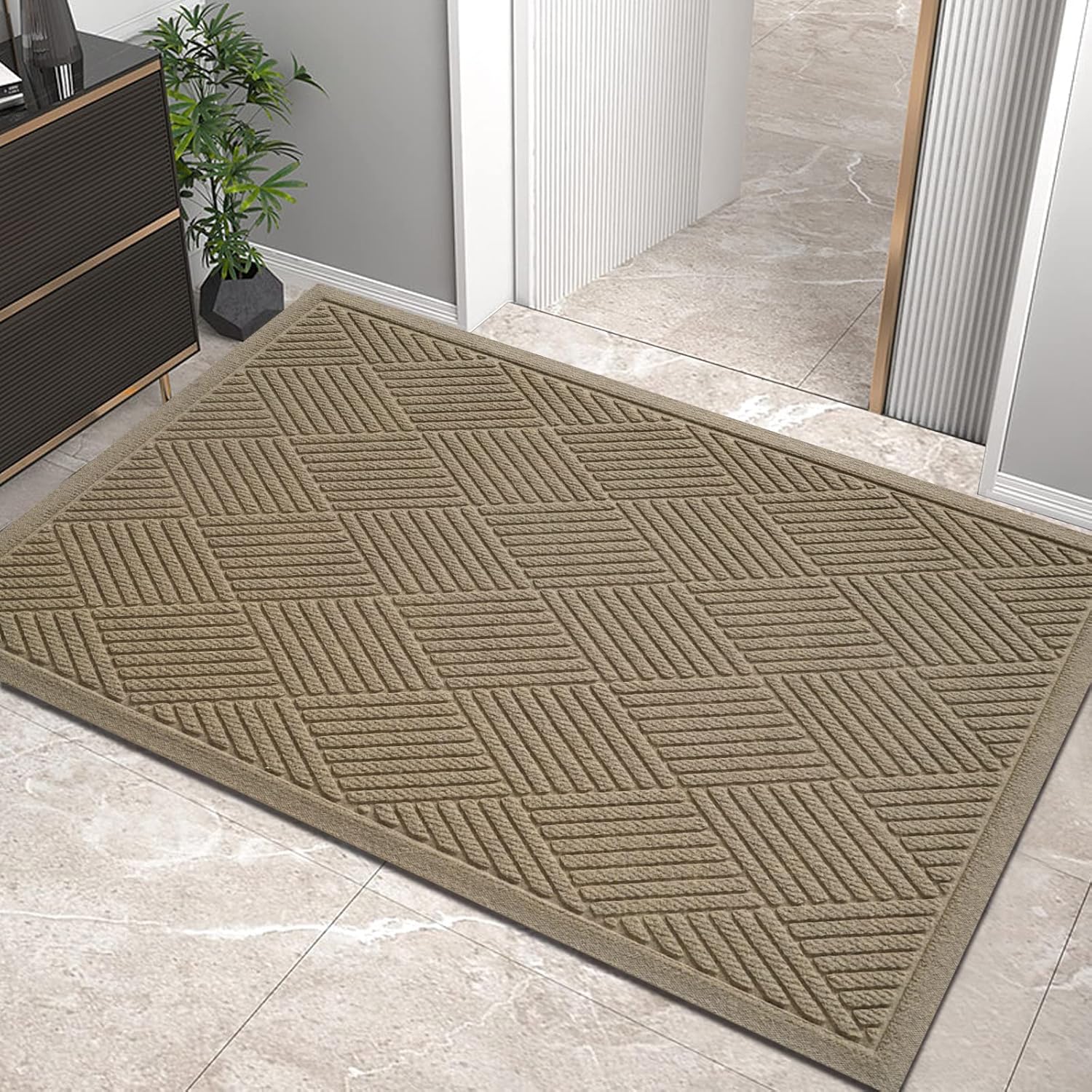 Photo 1 of  Sturdy Front Door Mat, Absorbent Muddy Dirt Resist Welcome Door Mats Outdoor Indoor, Stain and Fade Resistant, Non-Slip Rubber Backing Low Profile Doormat for Entryway, 36×24, Beige 