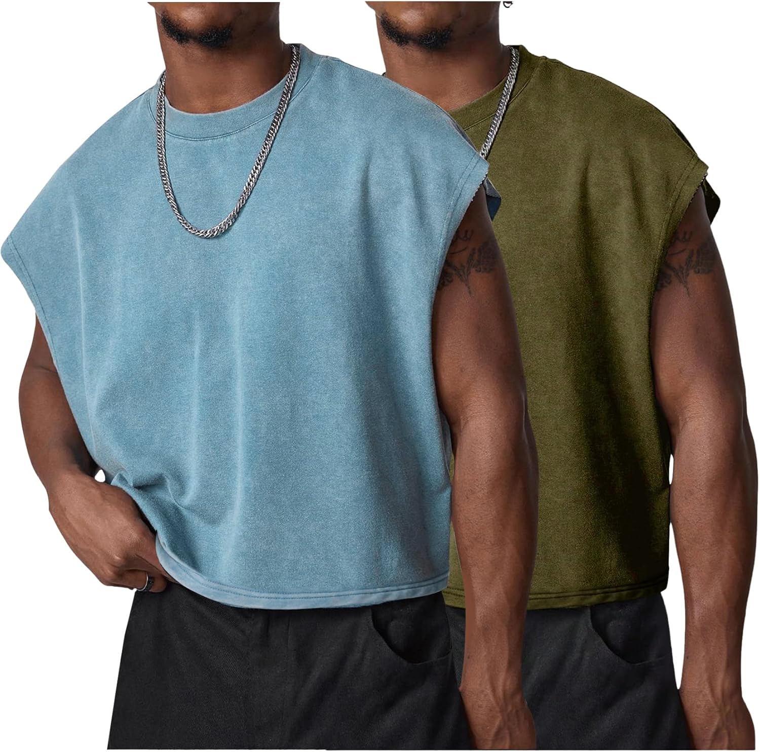 Wyeysyt 2 Pack Men's Crop T Shirts Dolman Sleeve Acid Wash Tank Tops Vintage Loose Pullover Tops