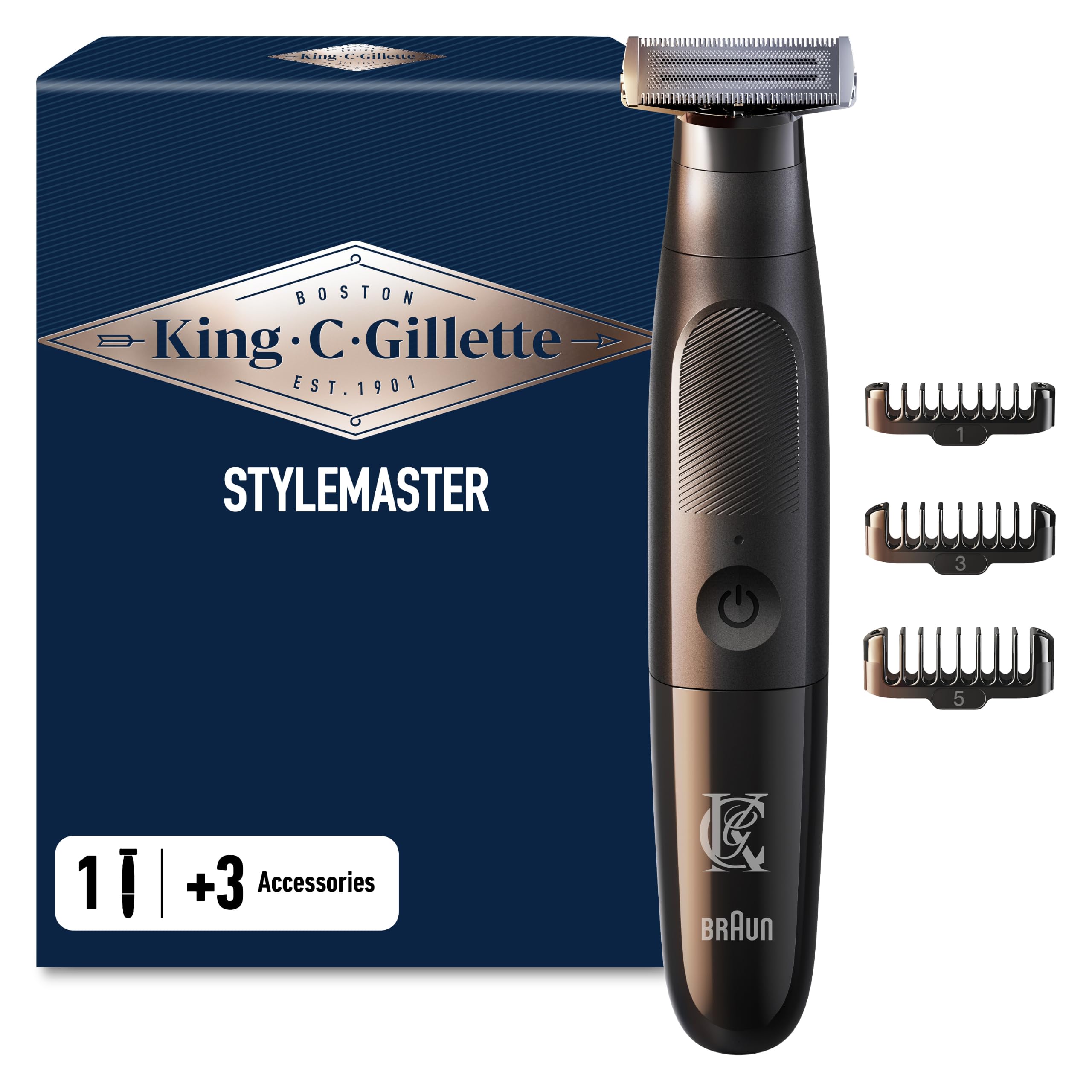 King C. Gillette Style Master Tondeuse à barbe pour hommes avec technologie CenterCut, taille, rasage et coupe des bords optimale, imperméable, rasoir à barbe sans fil avec 3 peignes