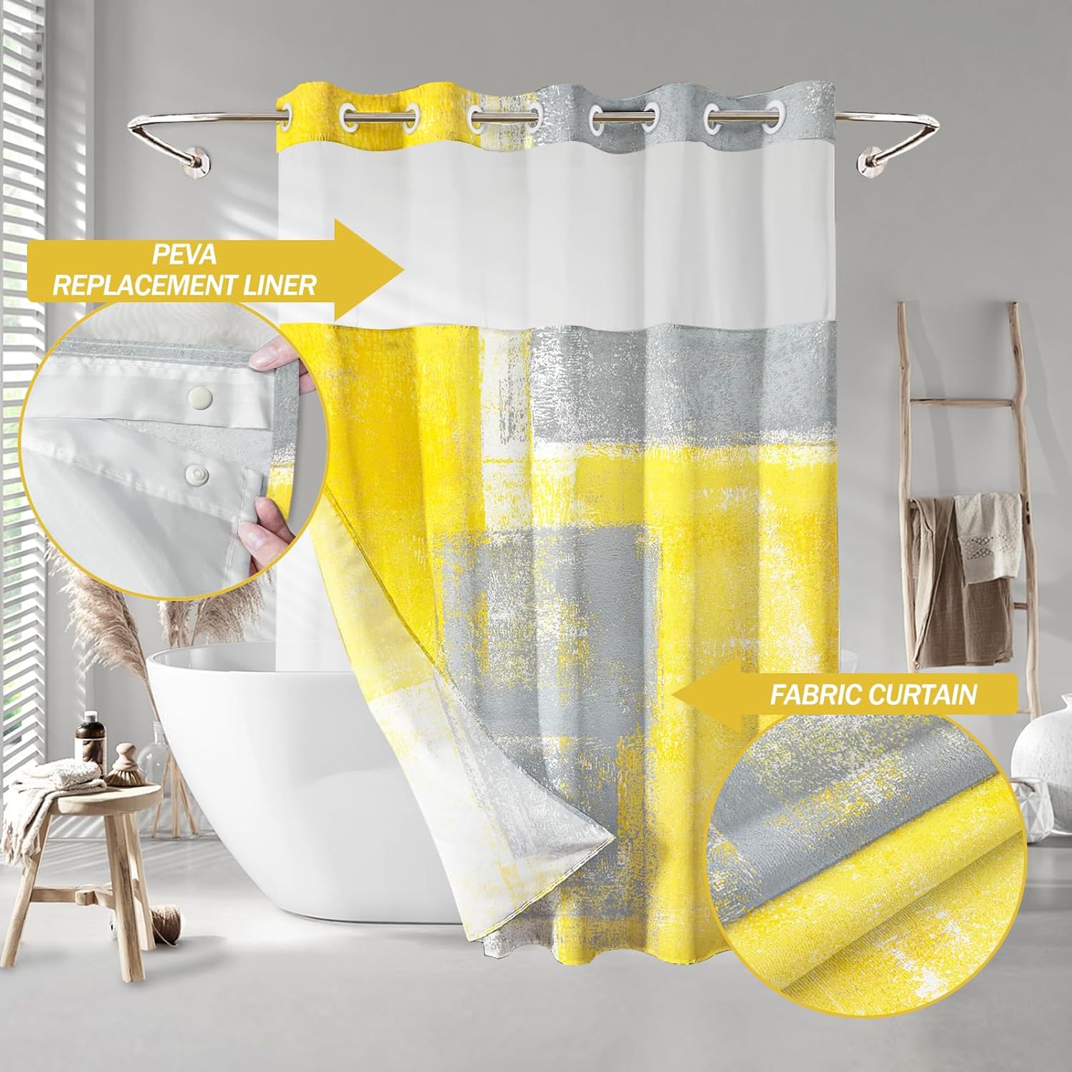 Lnond No Hooks Shower Curtain with Snap in Liner, Yellow and Grey Abstract Hookless Shower Curtain for Bathroom, Machine Washable, 71" (W) X 74" (H)