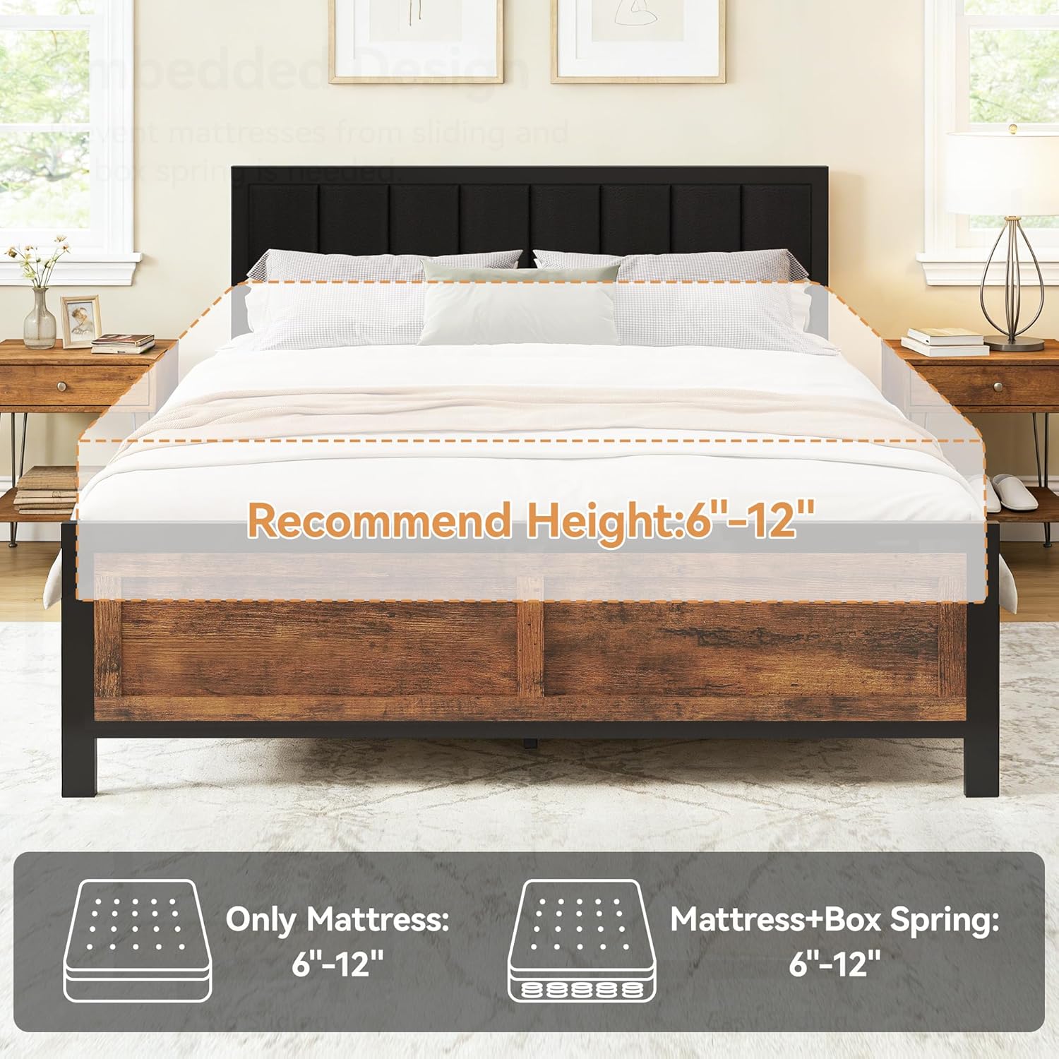 Vipbear Premium Queen Size Bed Frame with Headboard, Strong Metal Bed Frame, 1000lbs Heavy Duty, Pu Leather Headboard, No Box Spring Needed, Noise-Free, Easy Assembly, Black