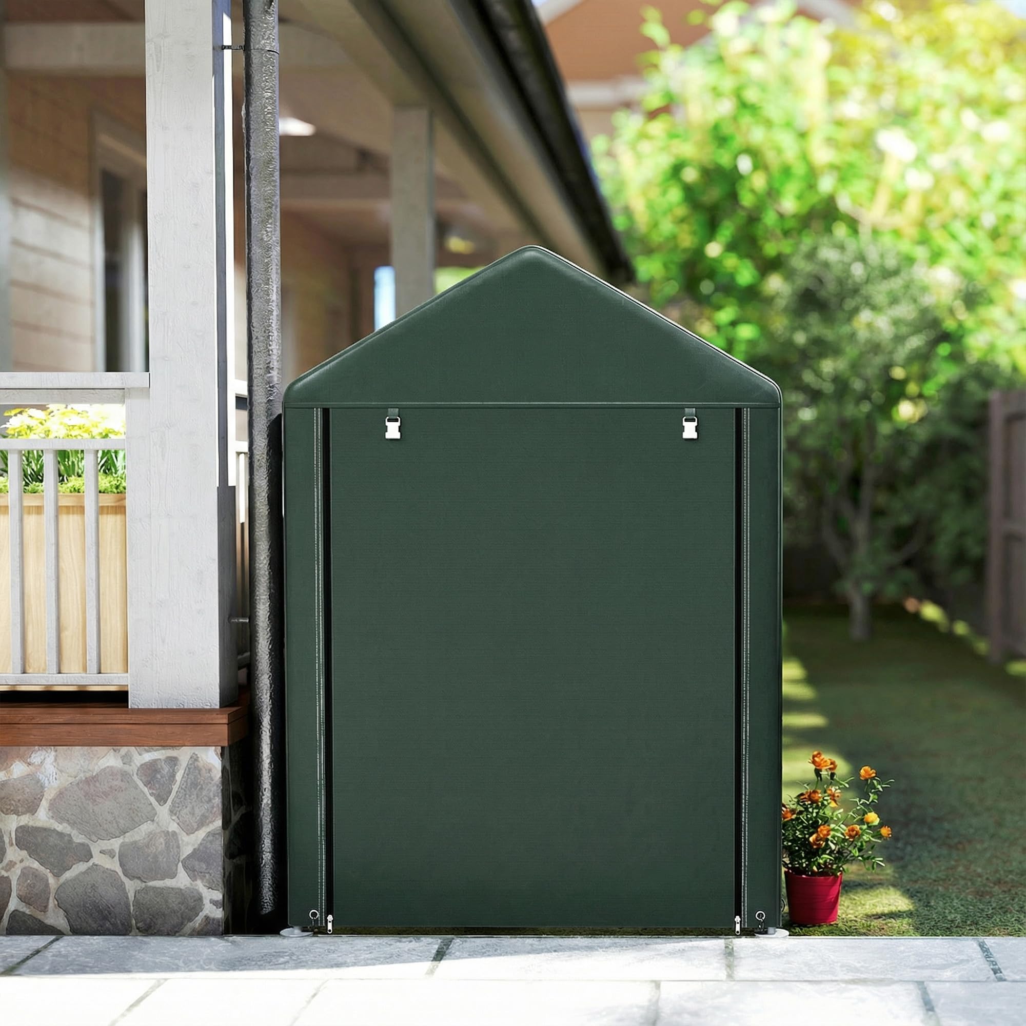 Outsunny Carpa de Jardín Exterior para Herramientas Bicicletas 1,2x1,8x1,65 m, Cobertizo Exterior con 2 Habitaciones, Puerta Enrollable con Cremallera, Impermeable Anti-UV, Garaje Portátil, Verde — view 8