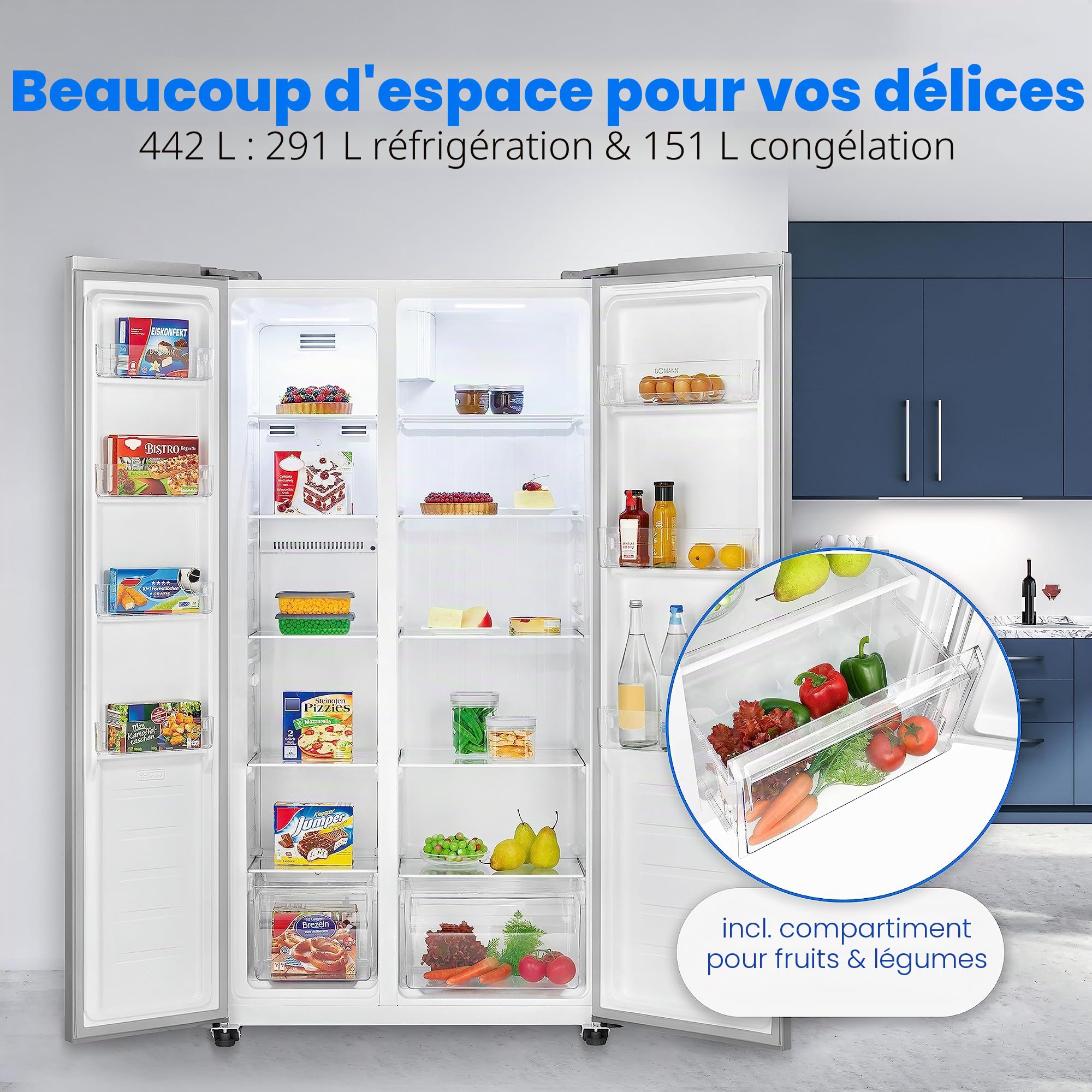 Bomann Combiné réfrigérateur-congélateur SBS 7344, NoFrost, fonction de refroidissement rapide, fonction de congélation rapide, mode économie d'énergie, fonction automatique, Inox
