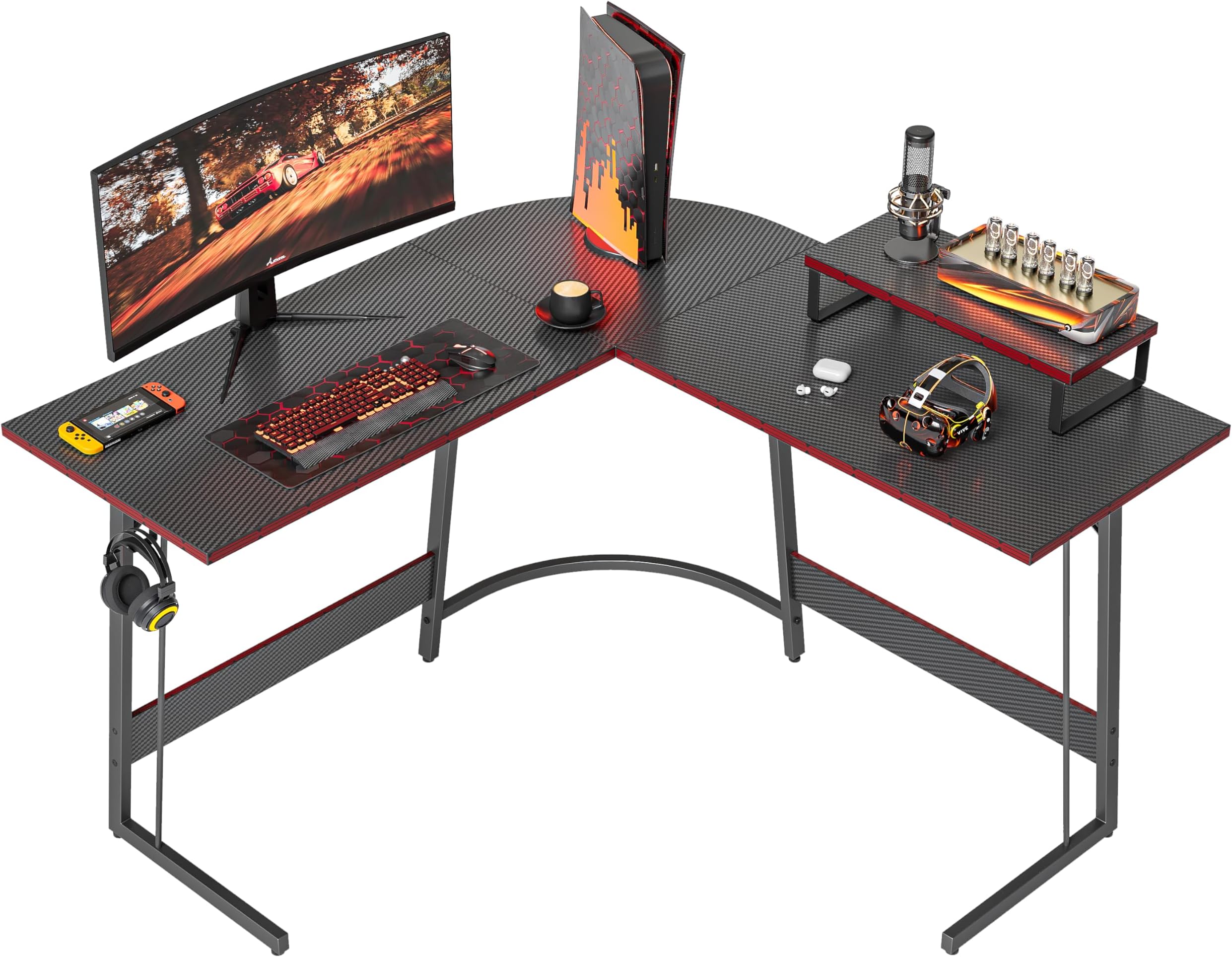 Cubiker L Shaped Desk, Computer Corner Desk, Gaming Desk with Monitor Stand, Home Office Study Writing Workstation, Space-Saving（47 Inch Black Carbon Fiber）