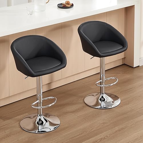 Miniatura 9 de Juego de 2 taburetes de bar, modernos taburetes de bar giratorios de piel sintética, silla de isla ajustable con base de metal plateado reposapiés