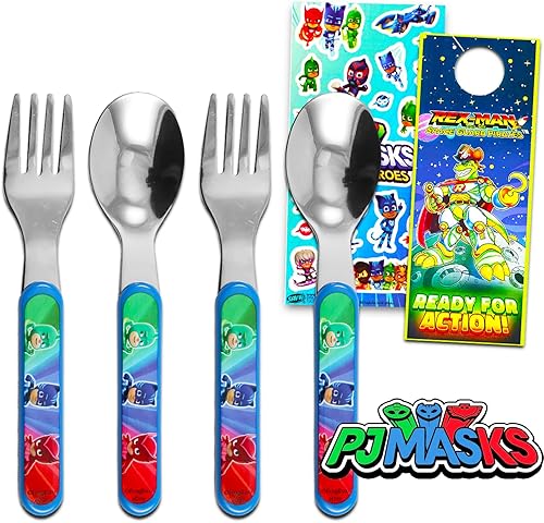 PJ Masks - Juego de cubiertos para niños, paquete con 2 PJ Masks - Juego de cubiertos de viaje con cucharas y tenedores más calcomanías, más PJ