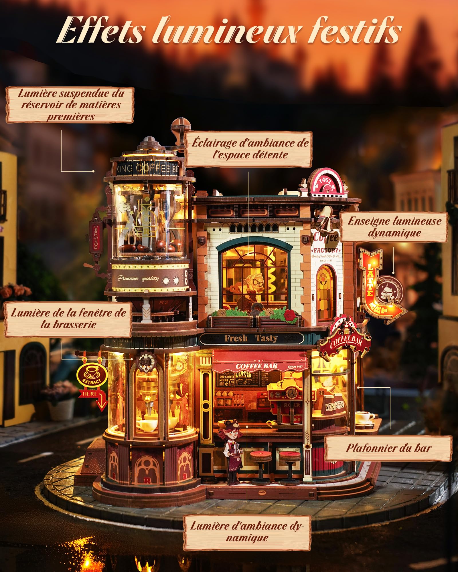 ROKR Dream Coffee Factory EAB02 Maison de Poupée Miniature DIY avec Boîte à Musique pour Adultes, Modèle Mécanique avec Pièces Mobiles, Lumières LED et Musique Jazz, Cadeau Créative