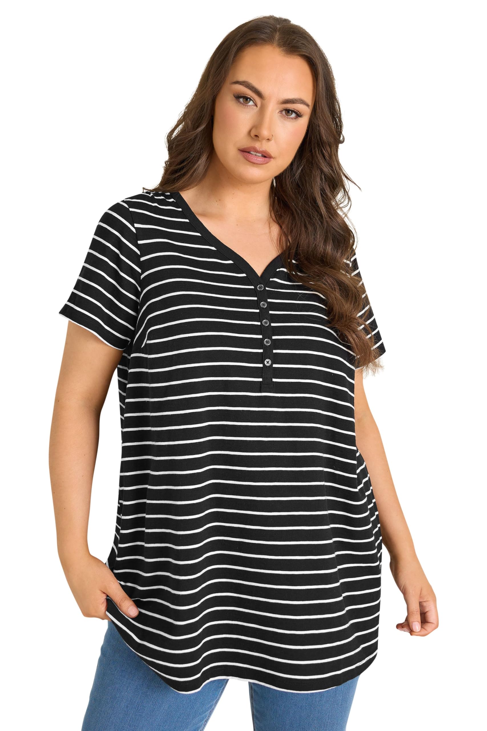 Evans Women's Black Curve Stripe Short Sleeve Cotton Henley Top - Plus Size Curve