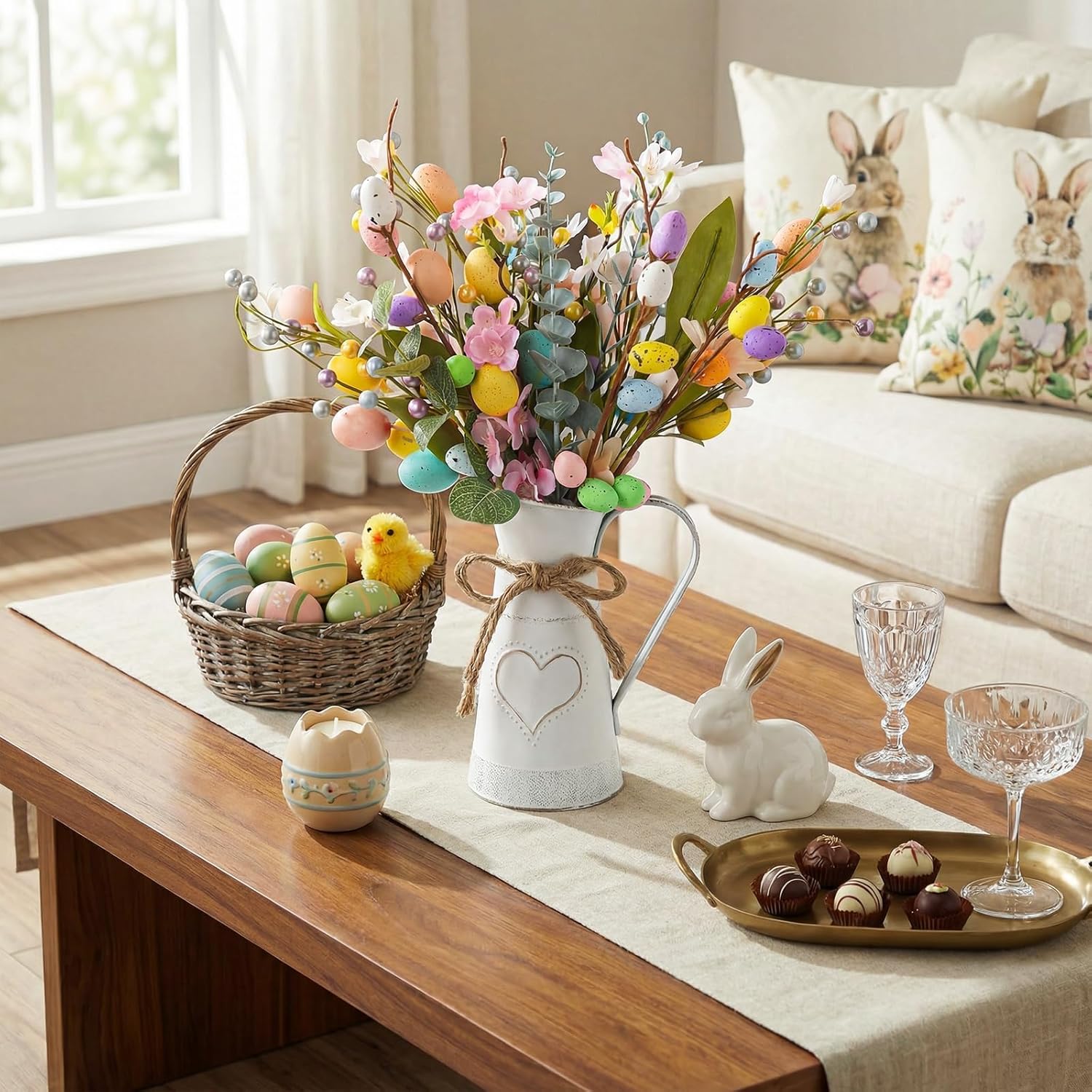 Easter Decorations: Rustic Easter Flowers Artificial Easter Eggs with Metal Pitcher Vase, Table Centerpieces Floral Arrangements, Farmhouse Spring Decorations for Home Kitchen Mantel Fireplace Decor