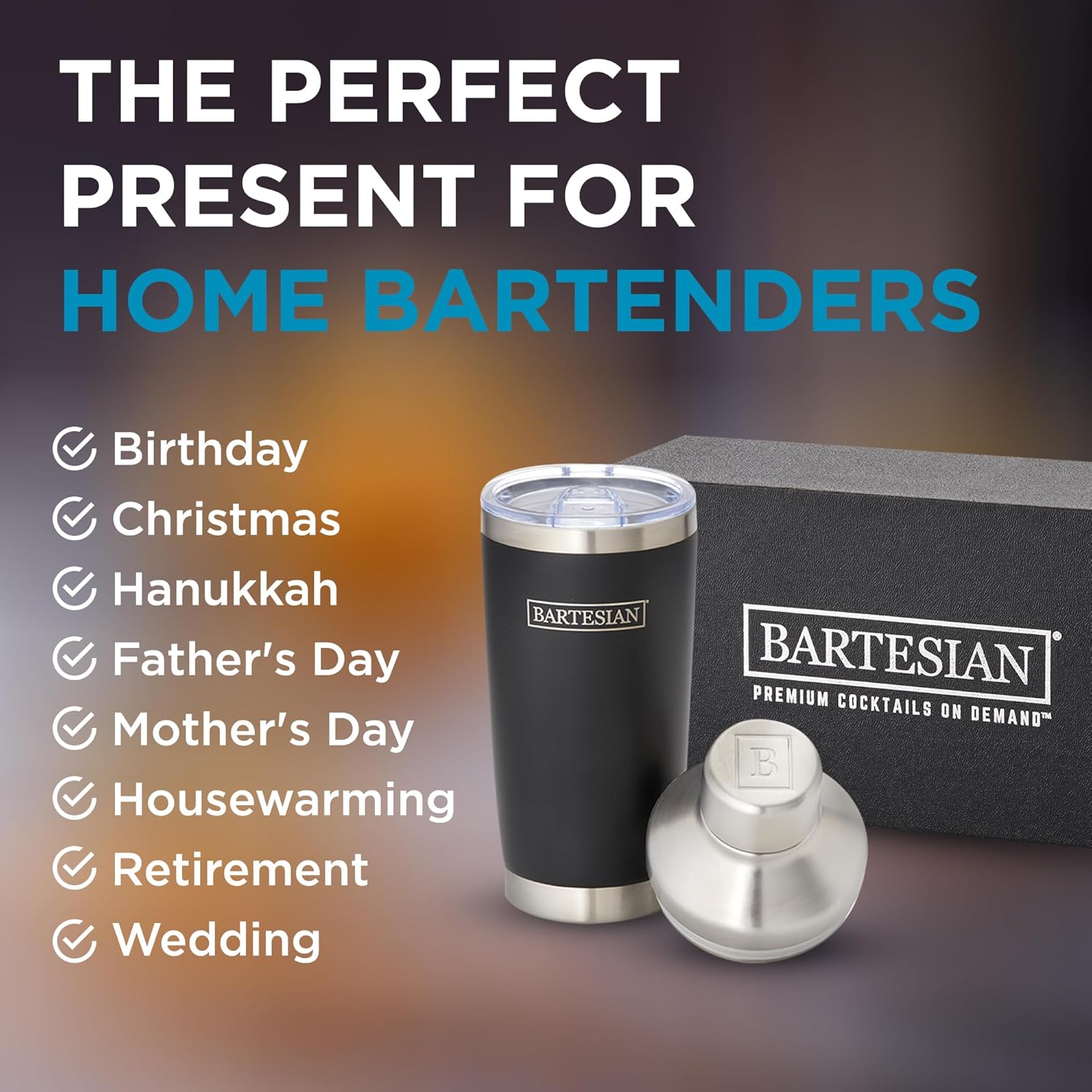 Bartesian Insulated Cocktail Shaker - Double Walled Vacuum Insulated Home Bar Shaker Cup with Built-In Strainer & Drinking Lids - Stainless Steel Mixed Drink Shaker for Martini, Margarita