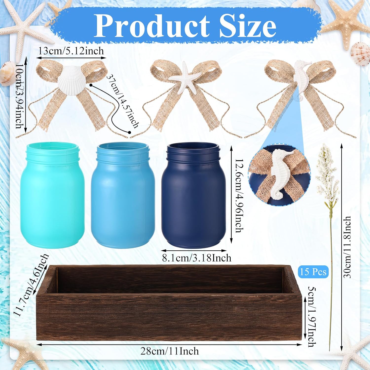 Hushee Beach Mason Jar Centerpiece Table Decor, Summer Coastal Centerpiece with Farmhouse Wood Tray, Starfish Seashell Seahorse Slices and Artificial Flowers for Coffee Table Tiered Tray Decor