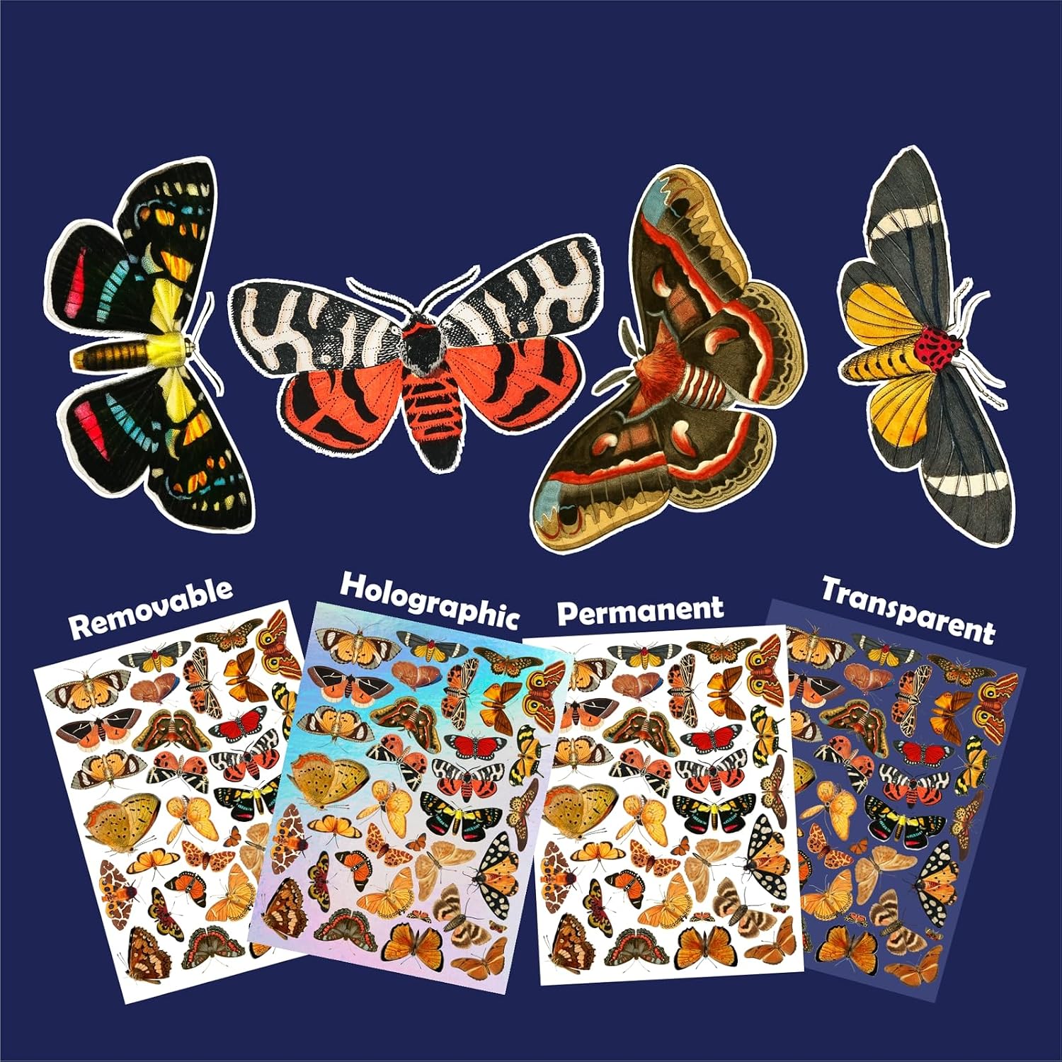 Stickers Pack (Over 150 Stickers) Exotic Wings: Stunning Vintage Moth Stickers, Delightful Colorful Patterns, Beautifully Detailed Decals ~ Vinyl Stickers White Hologram Transparent