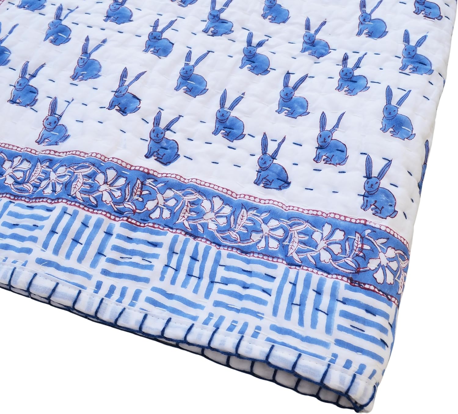 Aashita Creations Toddler Hand Work Kantha Cotton Baby Quilt, Bedspread Throw Floral Printed Baby Quilt_1077