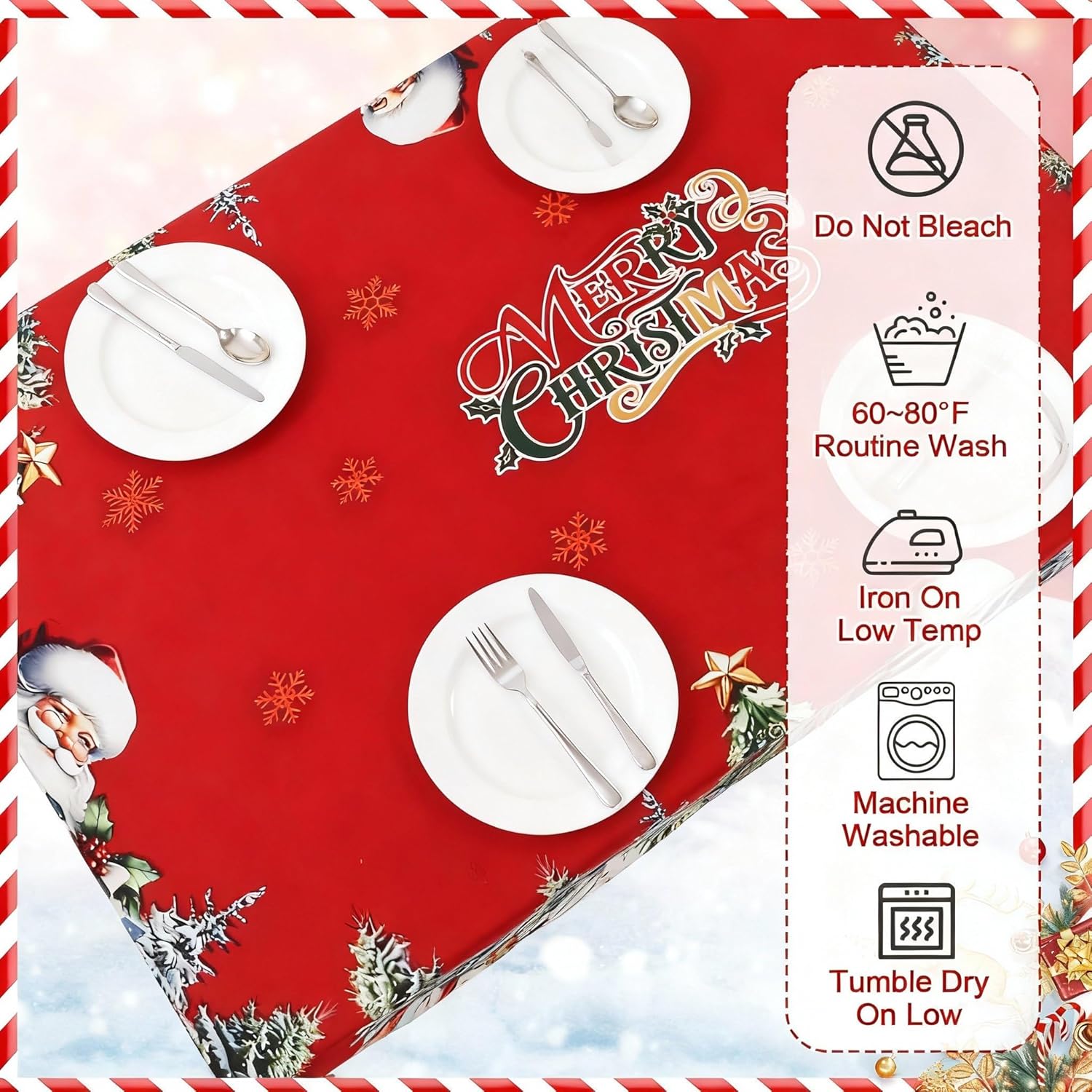 7 Pcs Christmas Tablecloth and Chair Covers Set Stretchable Washable Red Santa Holiday Table Cover and Seat Protector Slipcovers for Xmas Dining Room Kitchen Party (Rectangle,80 x 55 Inch)