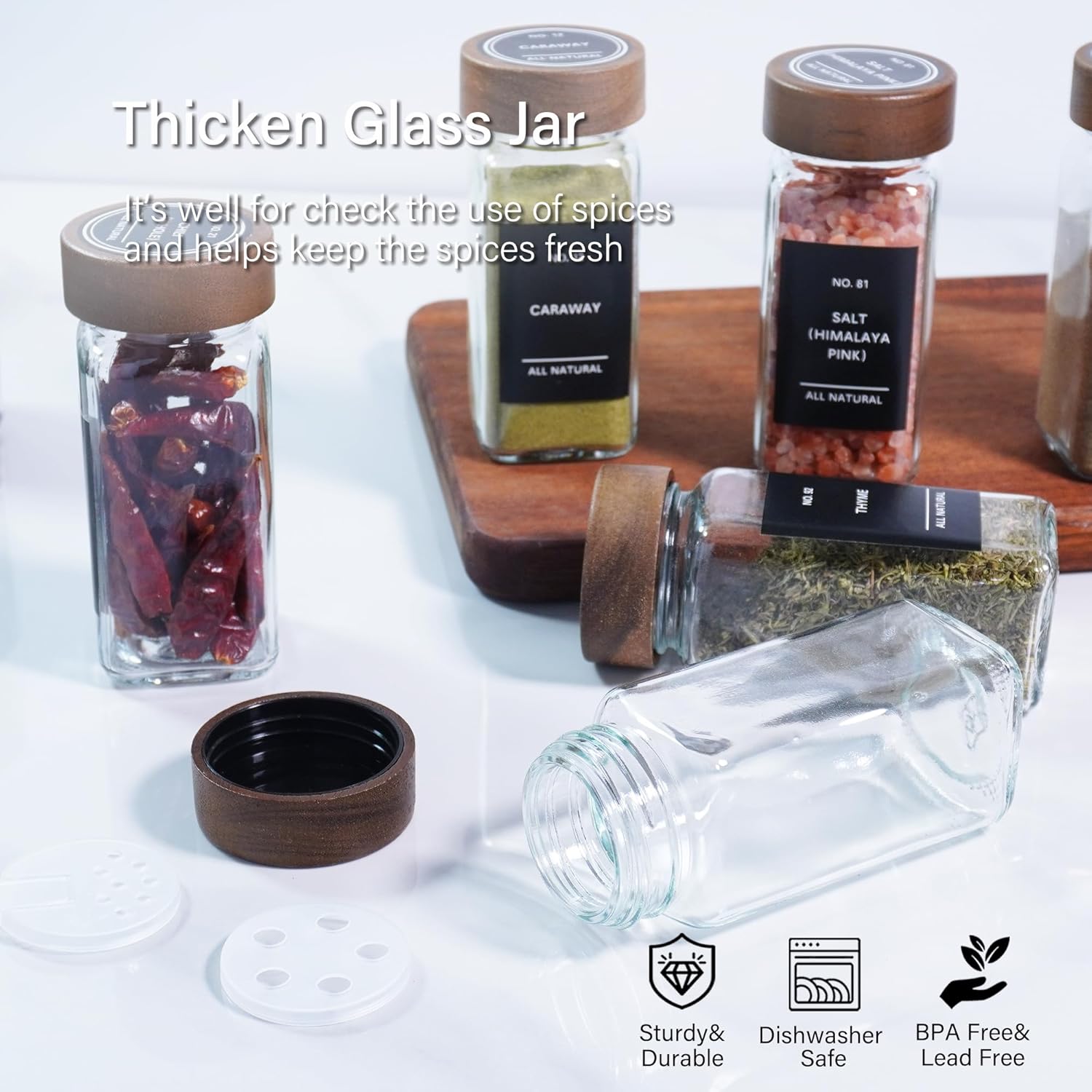 Spice Jars with Labels 24 Pack 4 oz Glass Spice Containers with Wooden Lids, Empty Seasoning Jars Set with Funnel, Brush & Marker, Square Glass Jars for Kitchen Pantry Organization & Storage - Image 6