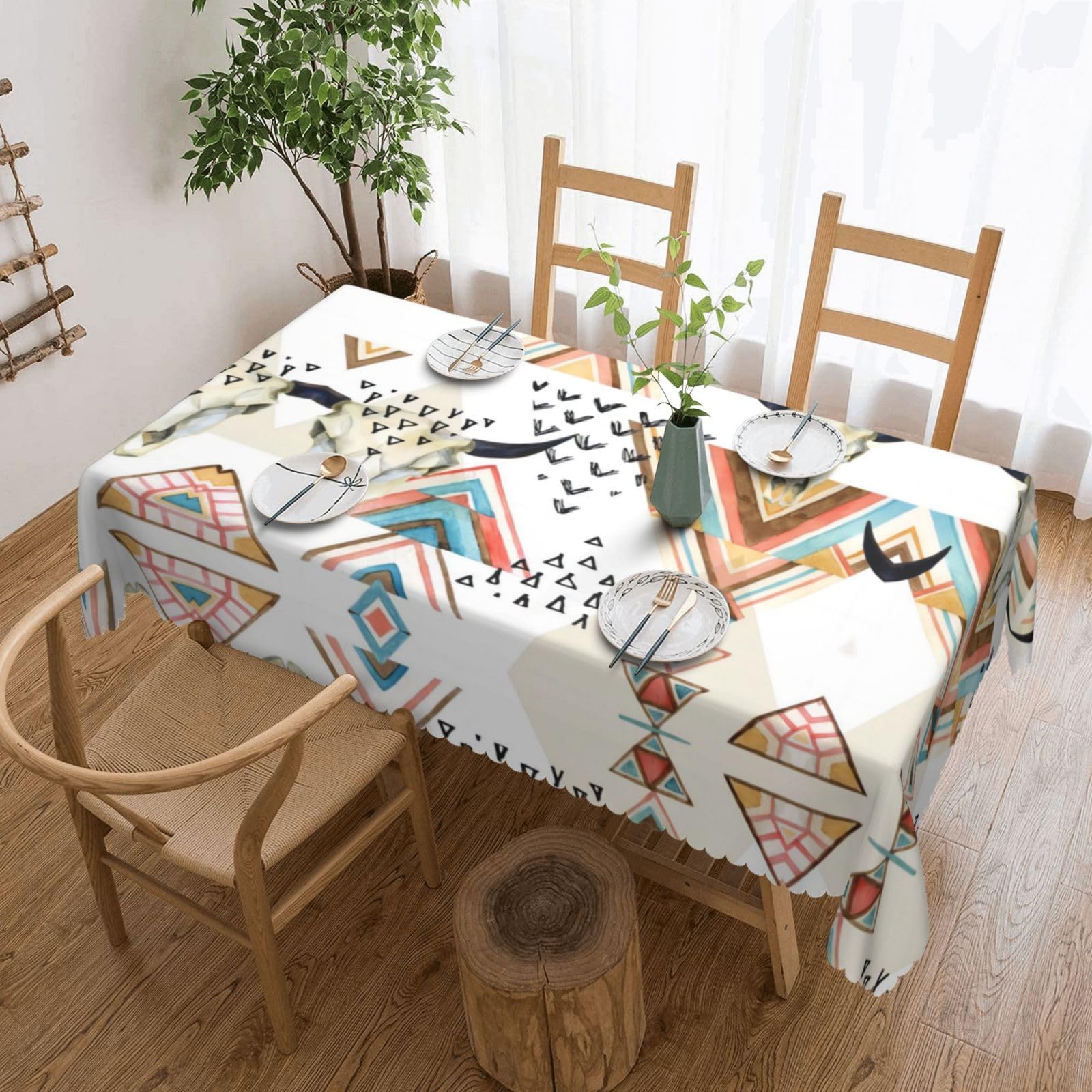 HLSBSSL Cow Skull Bohemian Geometric Patterned square lace tablecloth, wrinkle-resistant and durable, suitable for dining tables, parties, etc.