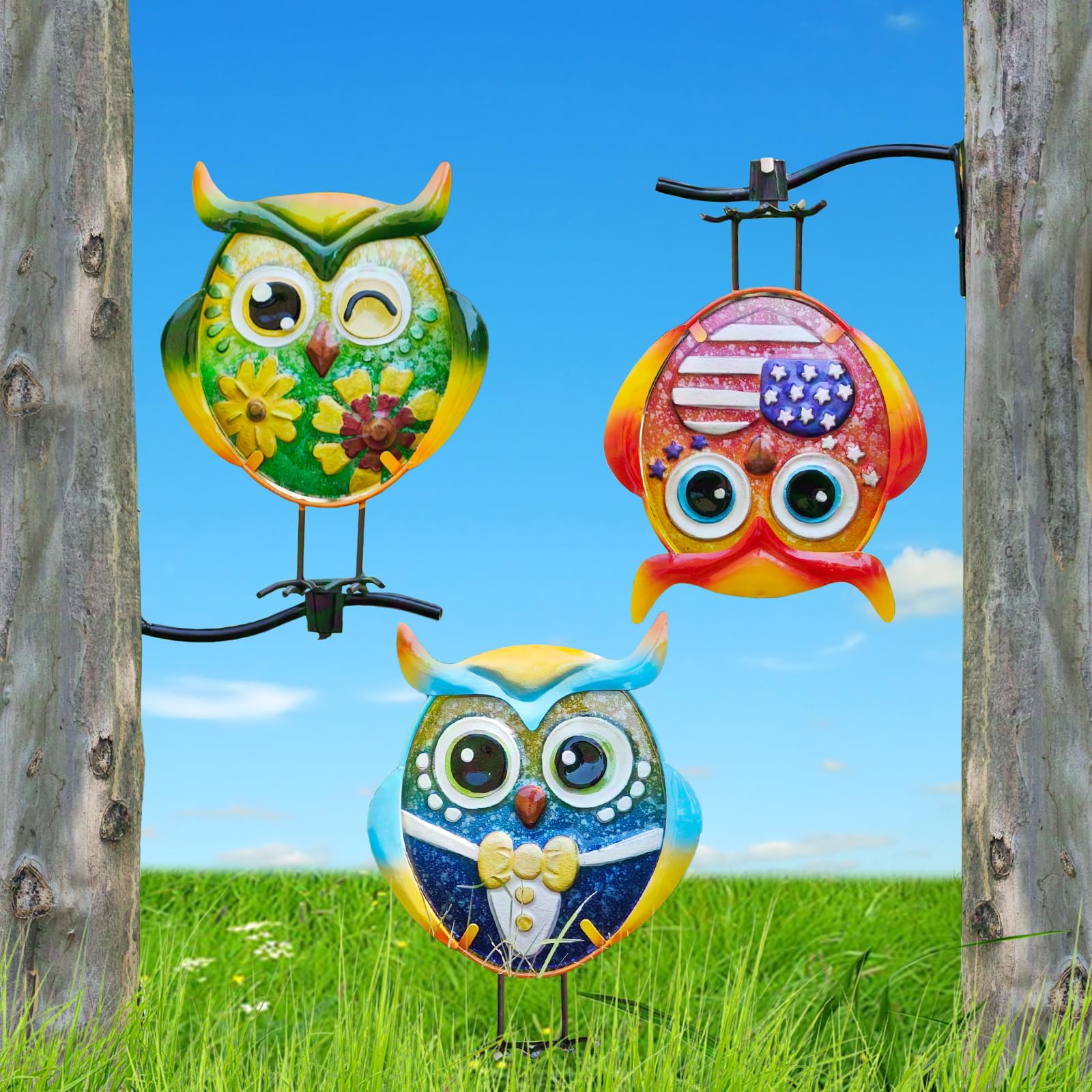 SILERUR 3-Pack Metal and Glass Owl Set