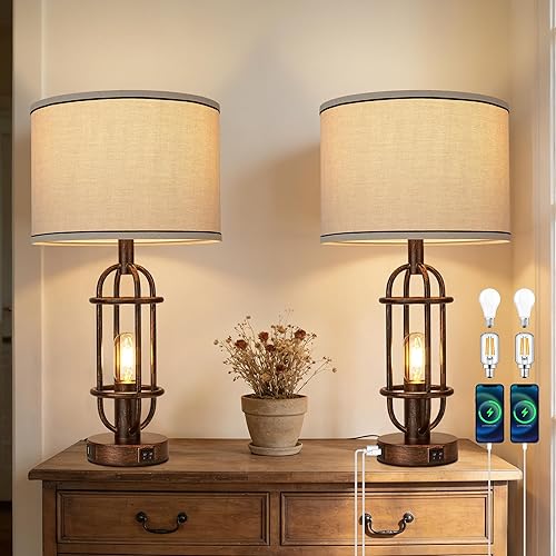 Miniatura 15 de Juego de 2 lámparas de mesa negras para sala de estar, lámparas de granja de 22.3 pulgadas para mesita de noche, lámparas de mesa industriales para