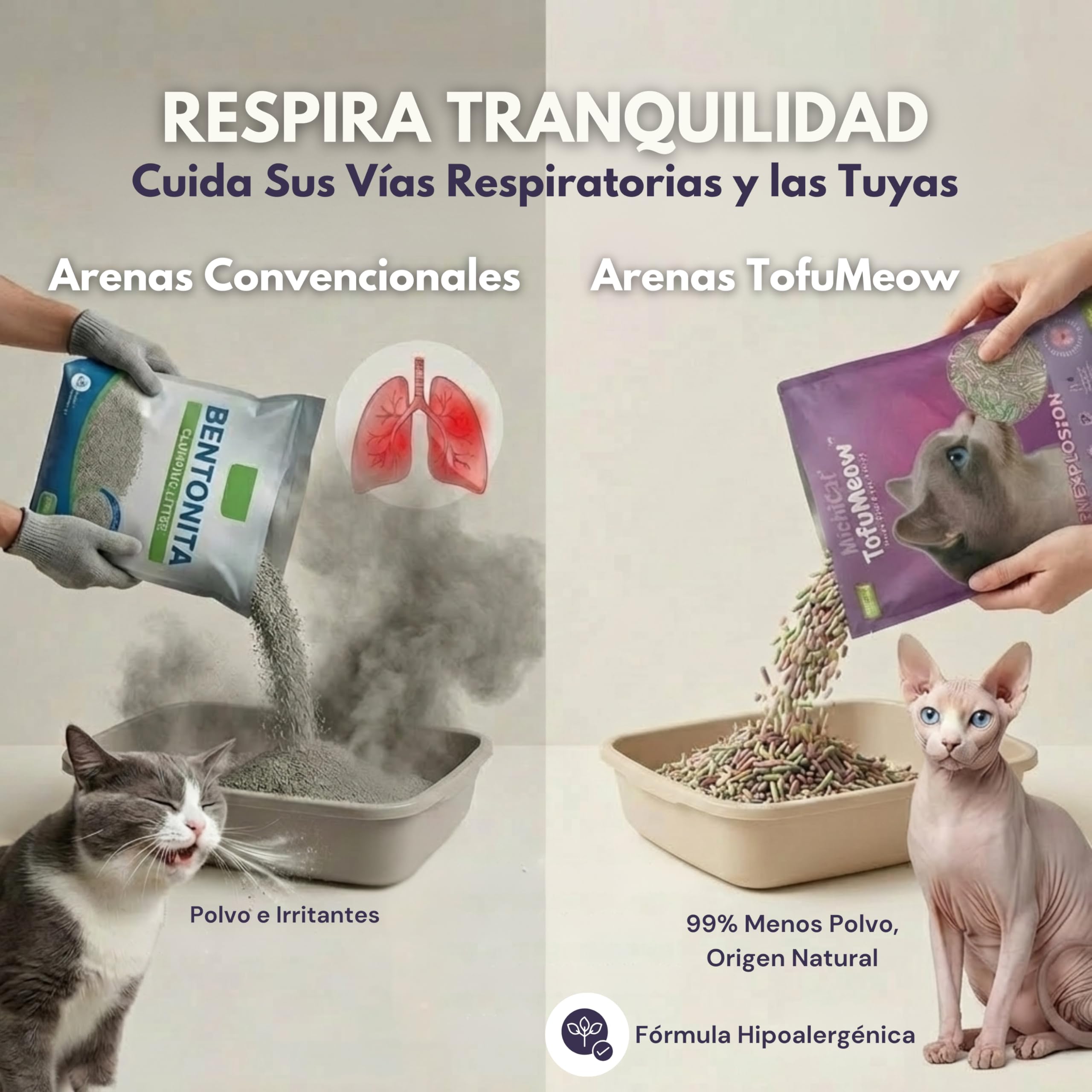 MichiCat Arena de Tofu para Gatos TofuMeow, 6 kg (2x3kg) Arena Aglomerante para Gatos Vegetal Biodegradable, Libre de Polvo, Control de Olores Avanzado, Desechable en WC - 5