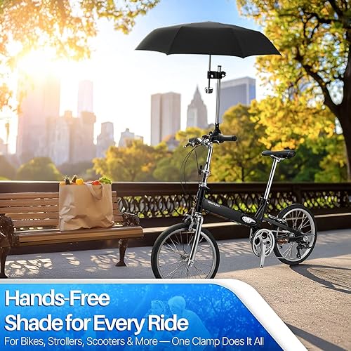 Miniatura 2 de Flexzion Soporte de abrazadera ajustable para sombrilla de bicicleta  Accesorio universal para cochecito, soporte de sombrilla para silla de ruedas