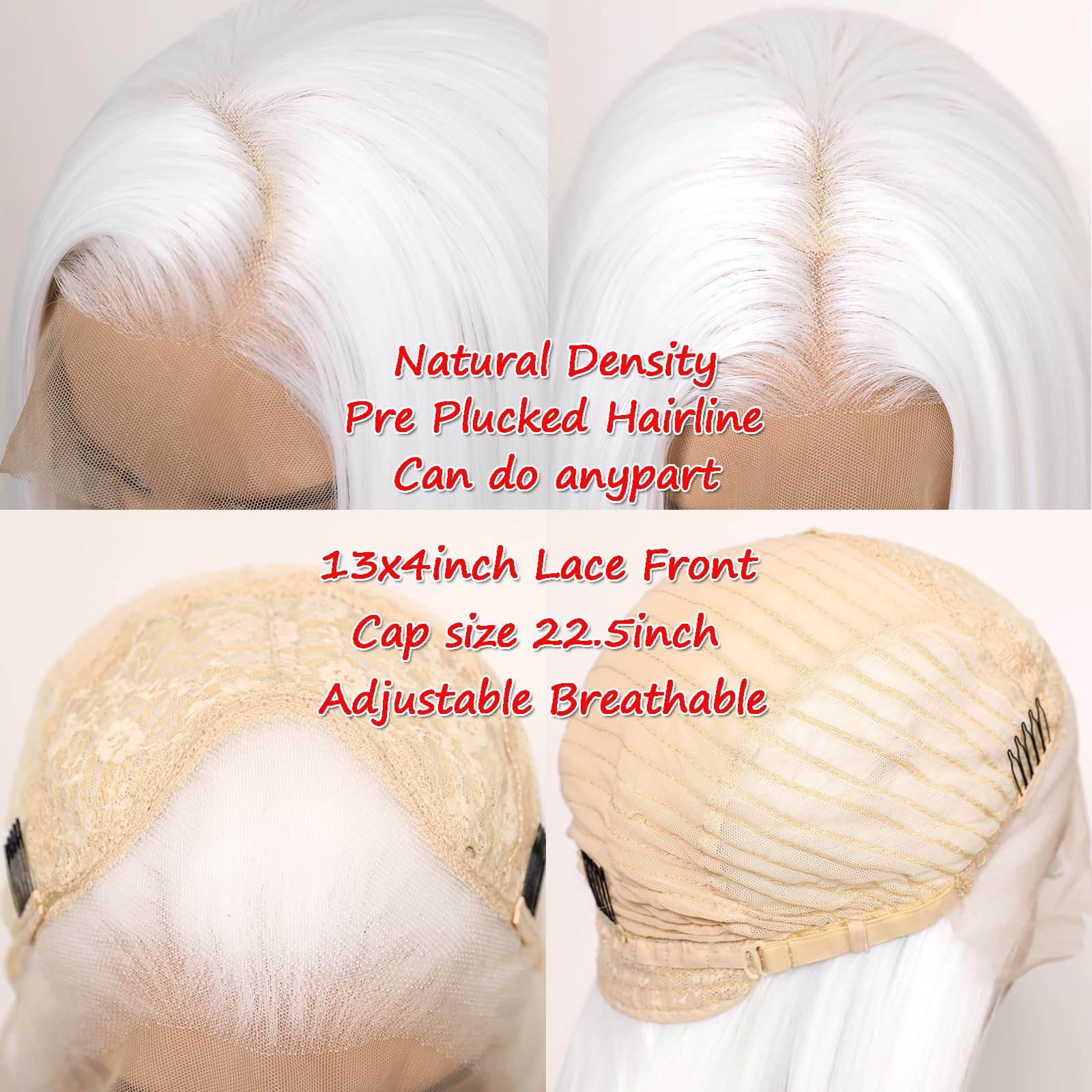Perruque synthétique blanche avec dentelle frontale - Longue et raide - Blanc neige - Cheveux naturels pré-épilés - Pour femme - Pour le quotidien, les fêtes, le cosplay