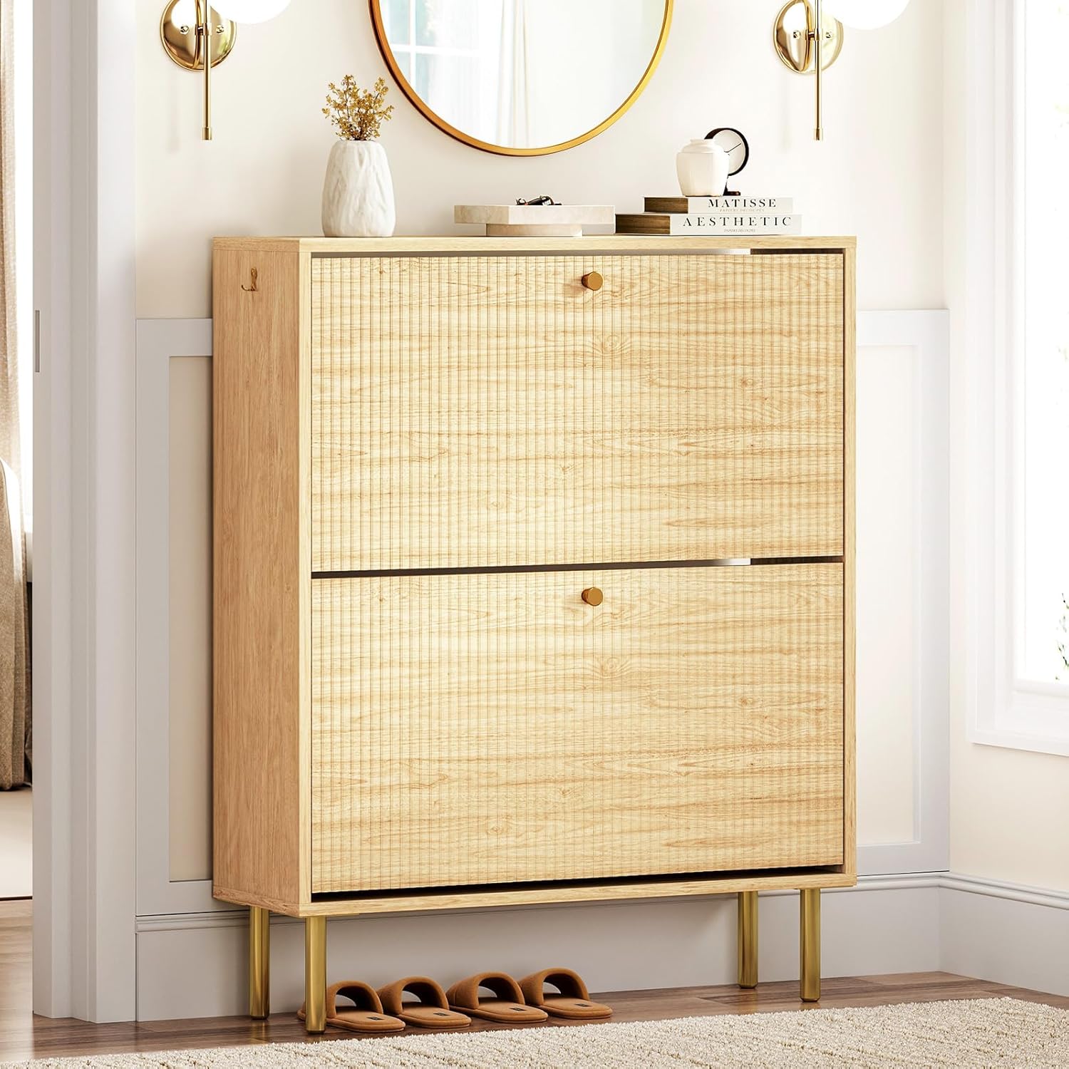 Nicetree Shoe Storage Cabinet for Entryway - Flip Shoe Cabinet with Tiered Fluted Design - Slim Shoe Storage Rack with Gold Legs - Narrow Shoe Cabinet Hidden Shoe Organizer for Small Spaces