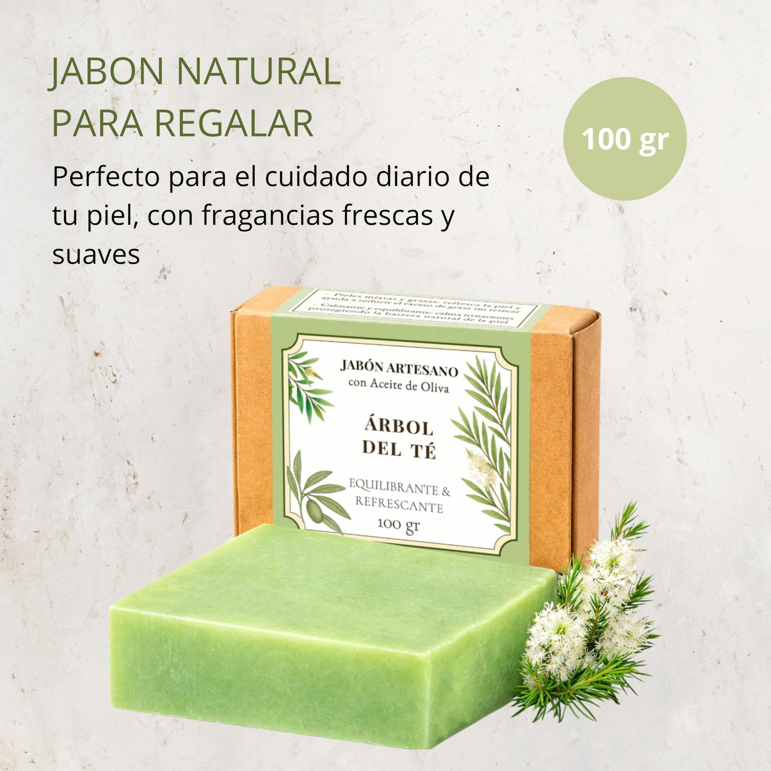 Savon Tea Tree avec huile d’olive 100 g – savon solide corps et visage, cosmétique naturelle pour peaux grasses et mixtes, idéal pour la routine de soin au quotidien