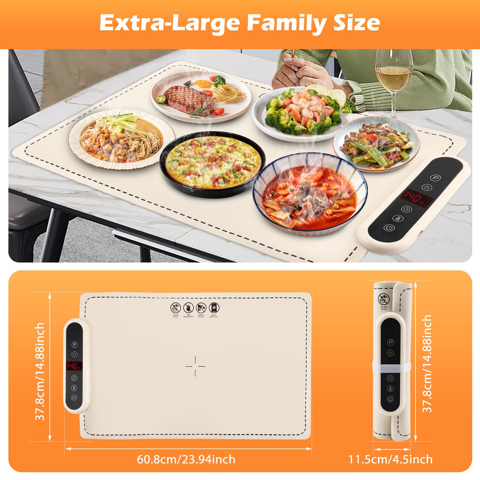 Chauffe Plat Électrique Pliable – Tapis Chauffant en Silicone Nano avec 6 Températures Réglables et Minuteur Pour Buffets, Fêtes & Réunions – 60x38 cm