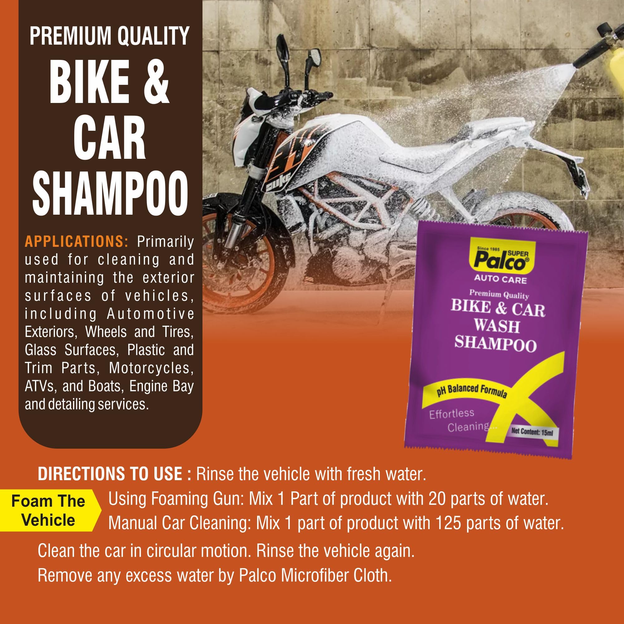 PALCO Bike & Car Wash Shampoo 15ml (Pack of 4) – Super Concentrated pH-Balanced Thick Liquid Car Shampoo, Exterior Cleaning, Bucket Wash & Foam Cannon, Deep Cleaning Brilliant Shine Bike Shampoo 3