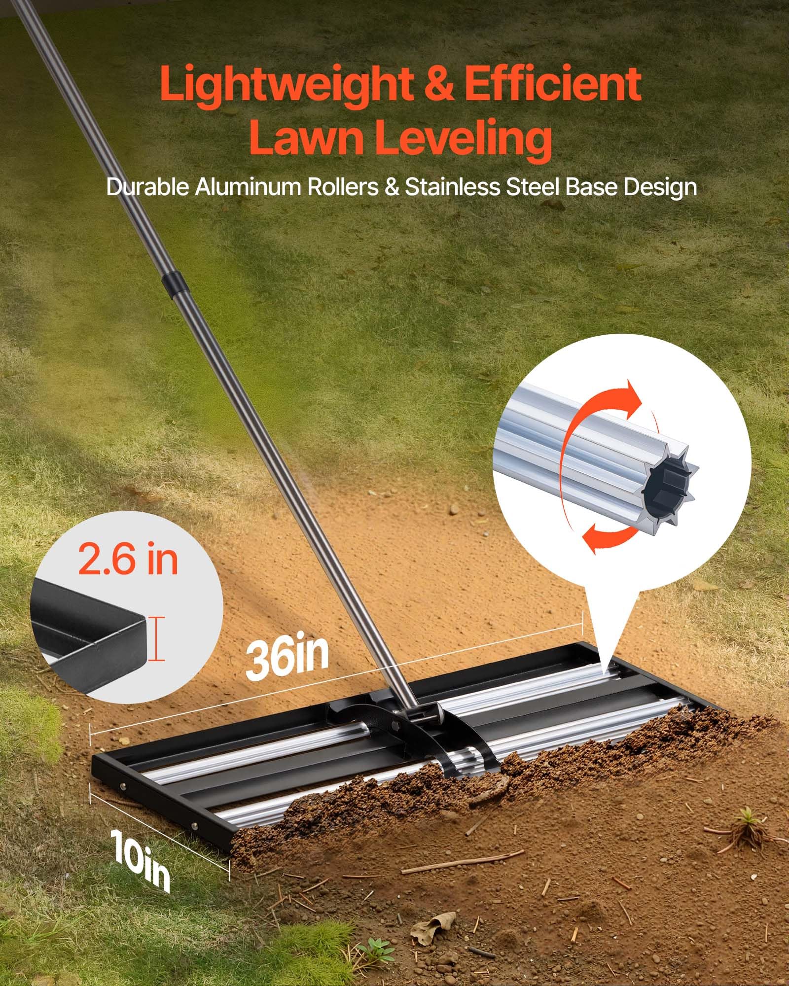 VEVOR Grabie 254 x 914 mm Rolka ze stali nierdzewnej Wyrównanie trawnika z regulowanym uchwytem 213 cm, do ogrodu na farmie pole golfowe