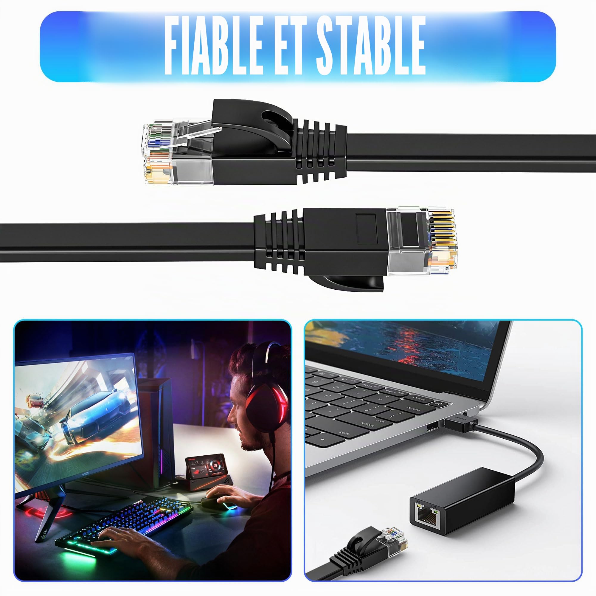ikbc Cable Ethernet 30m, Cat 6 Cable RJ45 30m Haute Débit Câble Réseau, Long Câble Interent 30 Metre Plat, Cuivre Cable Patch Noir pour Routeur -30 Clips