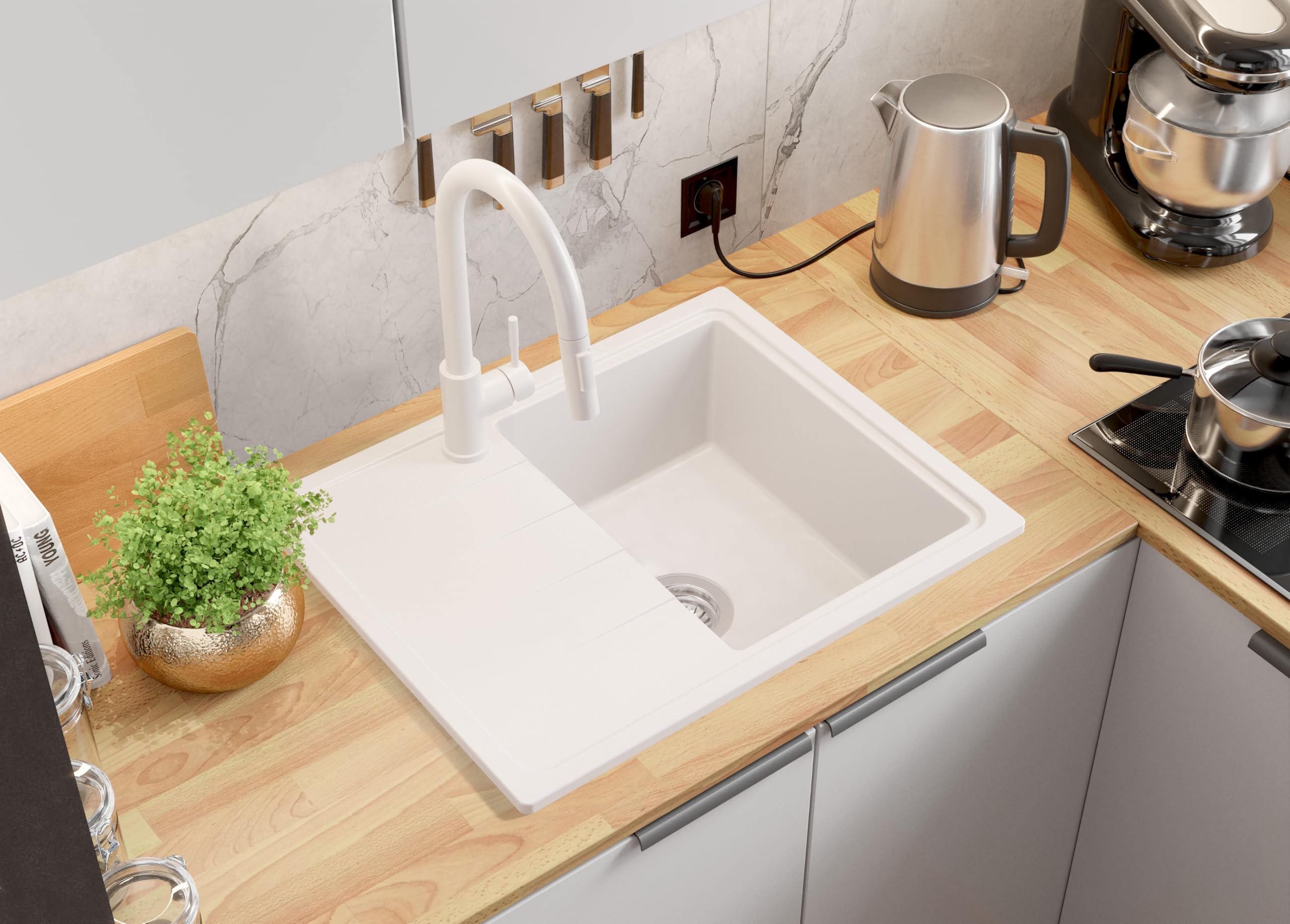PRIMAGRAN Evier Cuisine en Granit Blanc 62x50cm, Lavabo 1 bac + Robinet 40x20cm + Kit de Vidage, Évier à Encastrer au Meuble 40cm - Milan S017