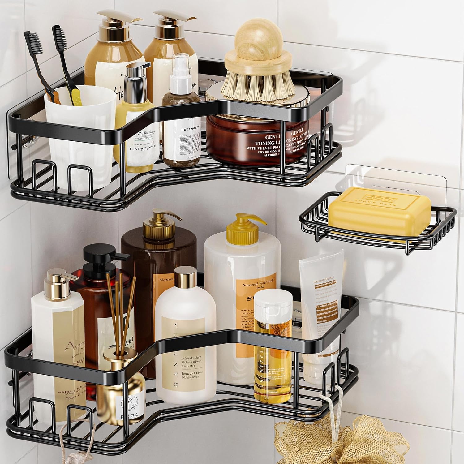 MAXIFFE 3 Pack Corner Shower Caddy with Soap Holder Large Capacity Sturdy Easy Install No Drilling Stainless Steel